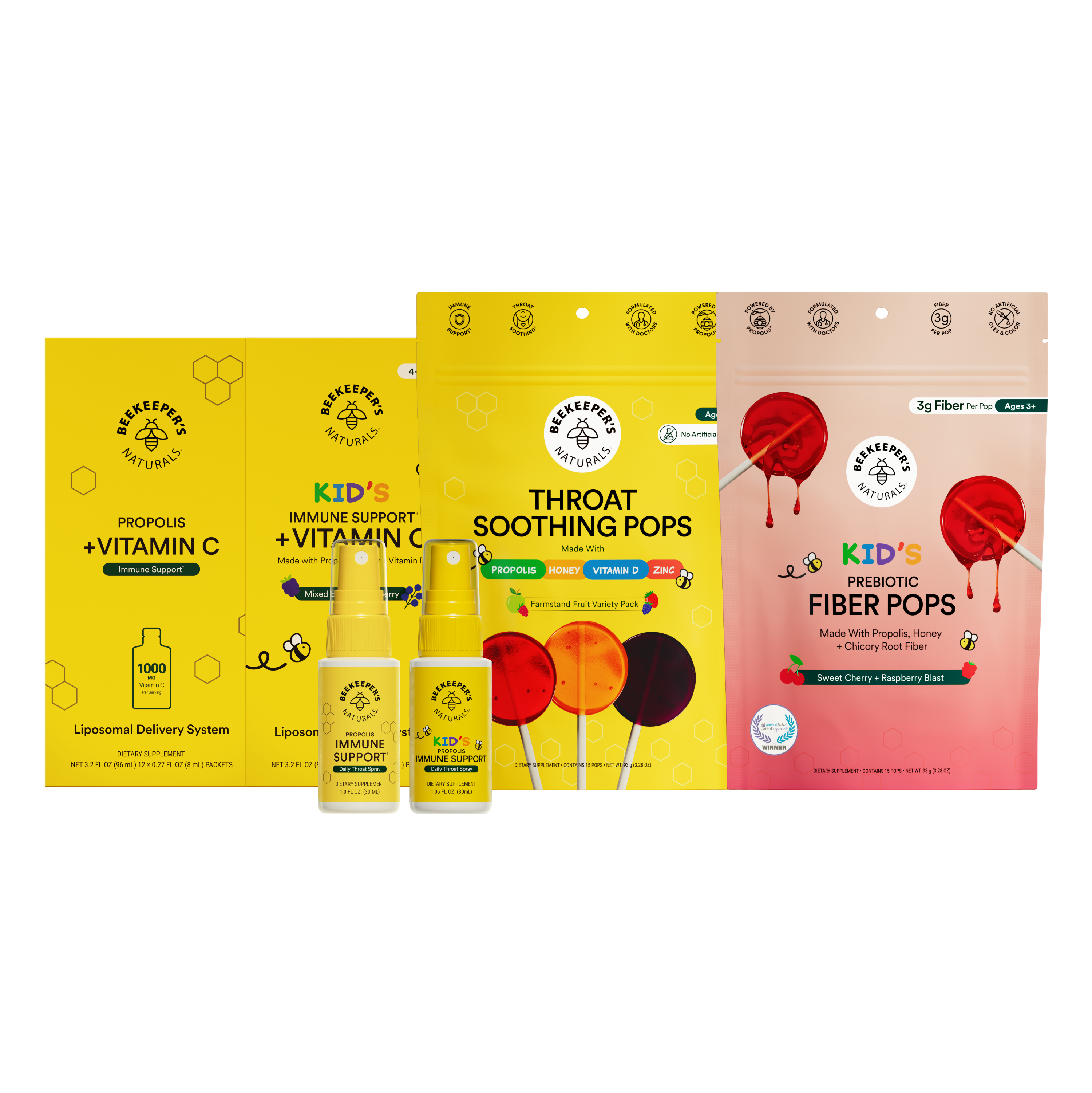 Collection of Beekeeper Naturals products including boxes and bottles on a white background