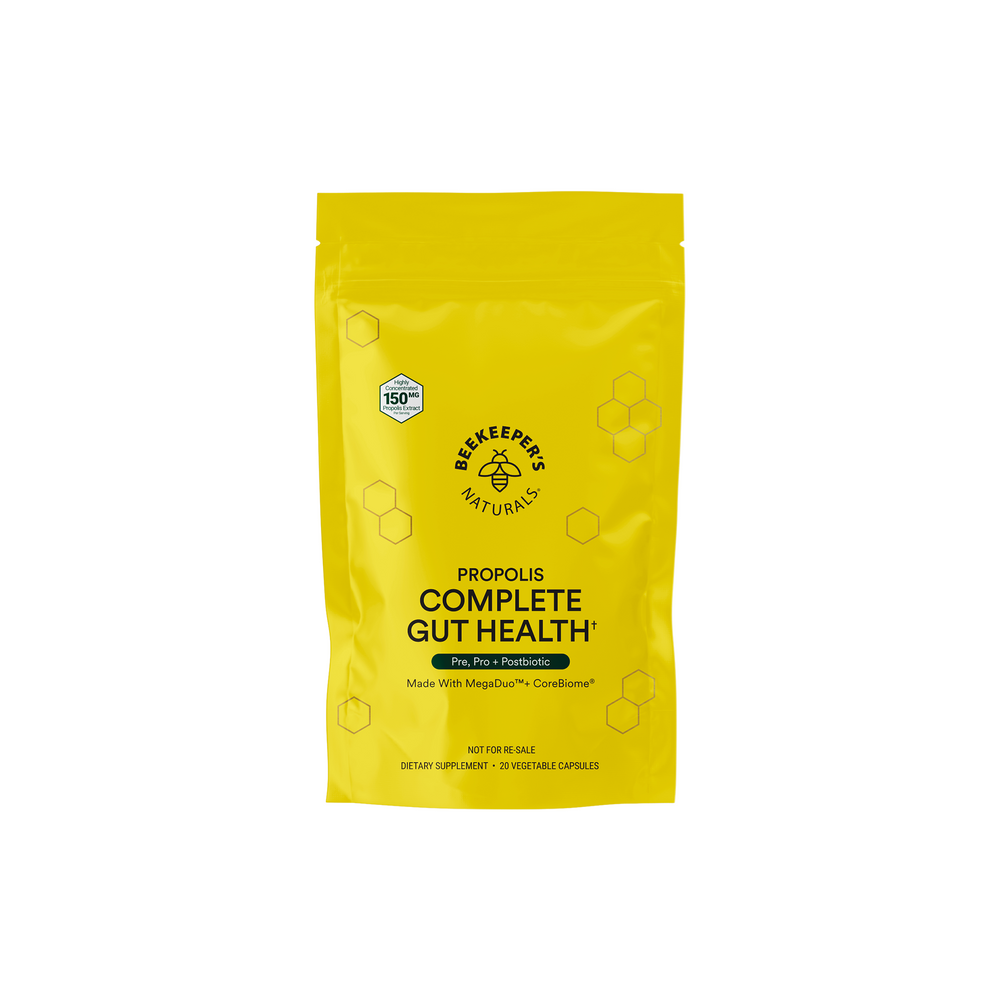 Beekeeper's Naturals Propolis Complete Gut Health supplement with pre, pro & postbiotics for optimal gut support. 20