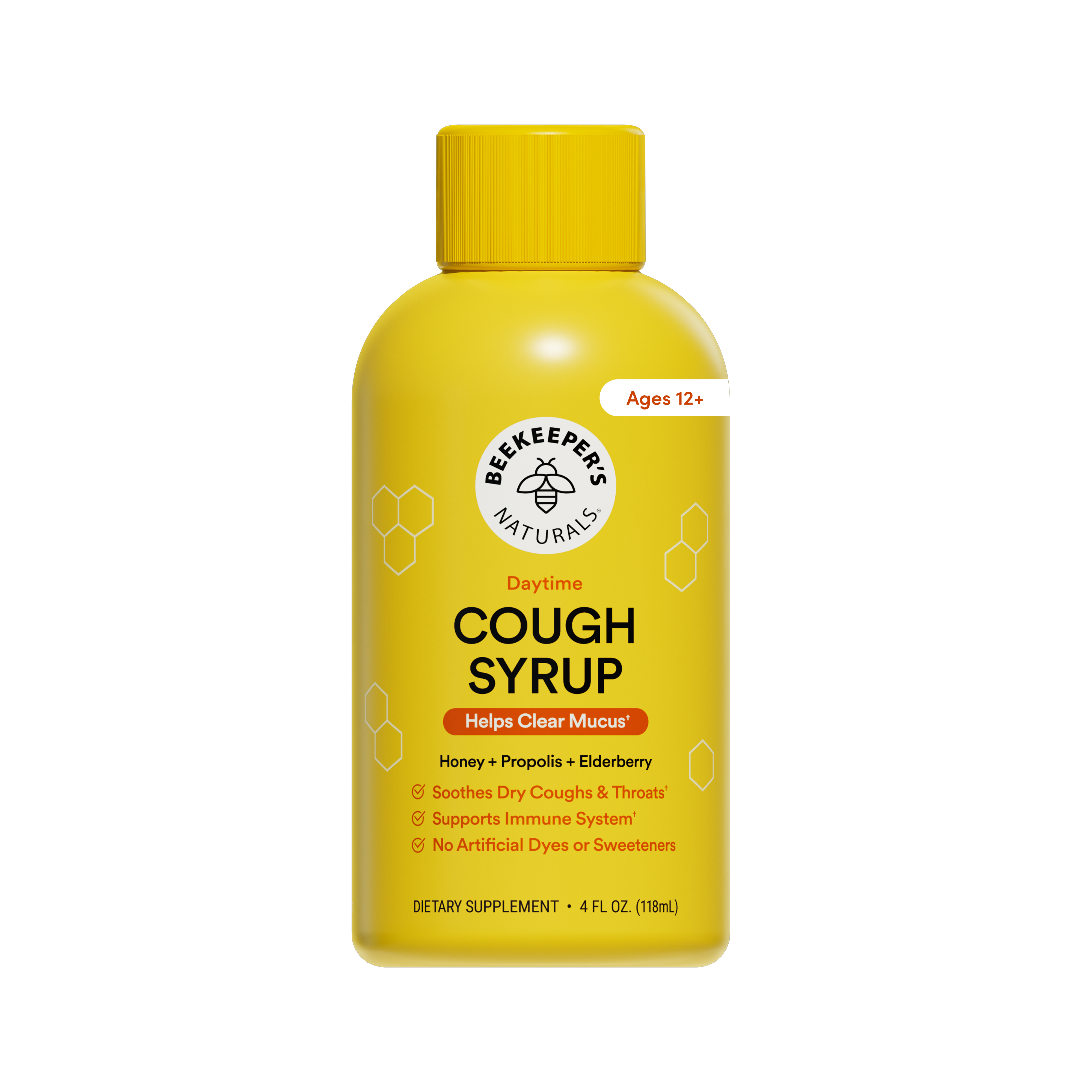 A yellow bottle of Beekeepers Naturals Cough Syrup with a yellow cap, shown on a plain white background. The label includes the brand logo, product name, and age rating.