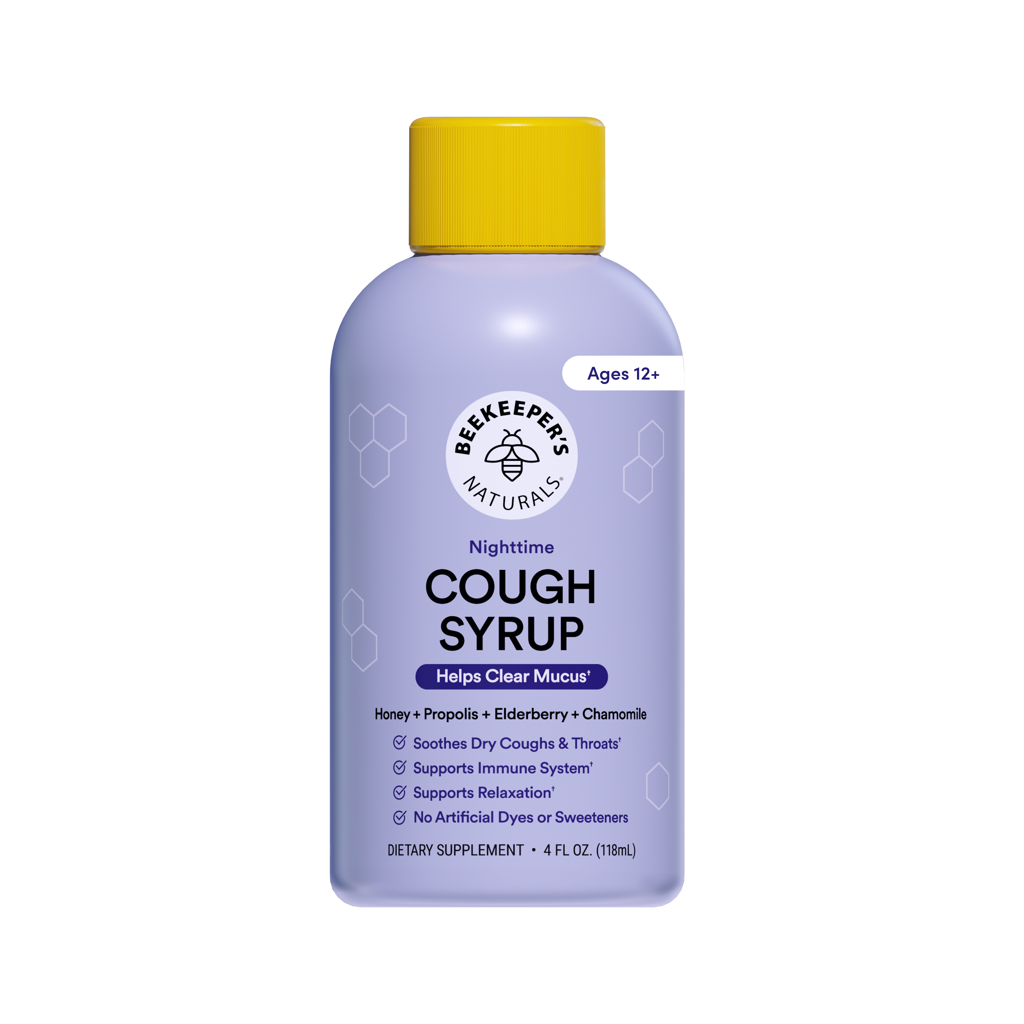 A bottle of Beekeepers Naturals Nighttime Cough Syrup with a light purple body, yellow cap, and white label, shown on a plain white background.