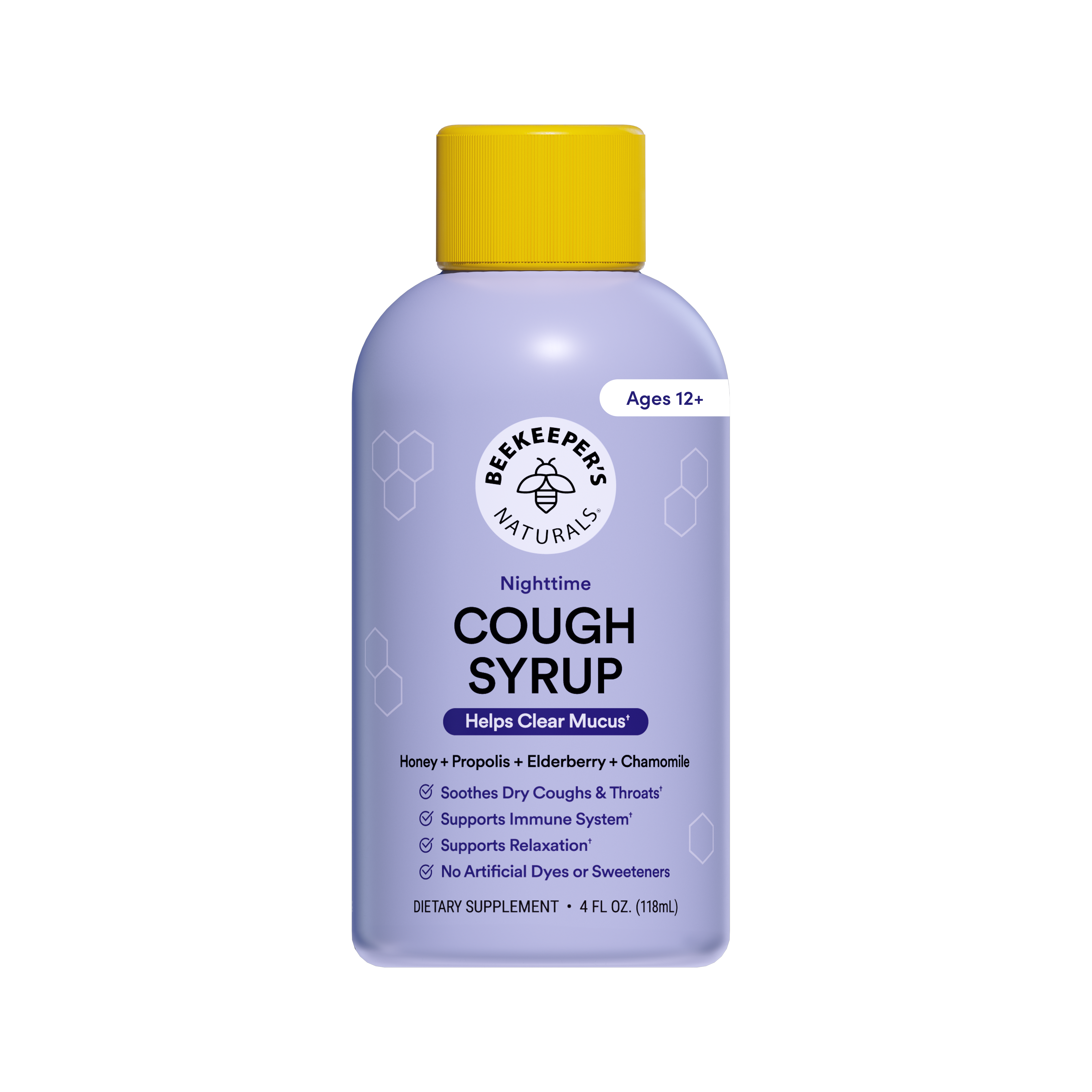 A bottle of Beekeepers Naturals Nighttime Cough Syrup with a light purple body, yellow cap, and white label, shown on a plain white background.