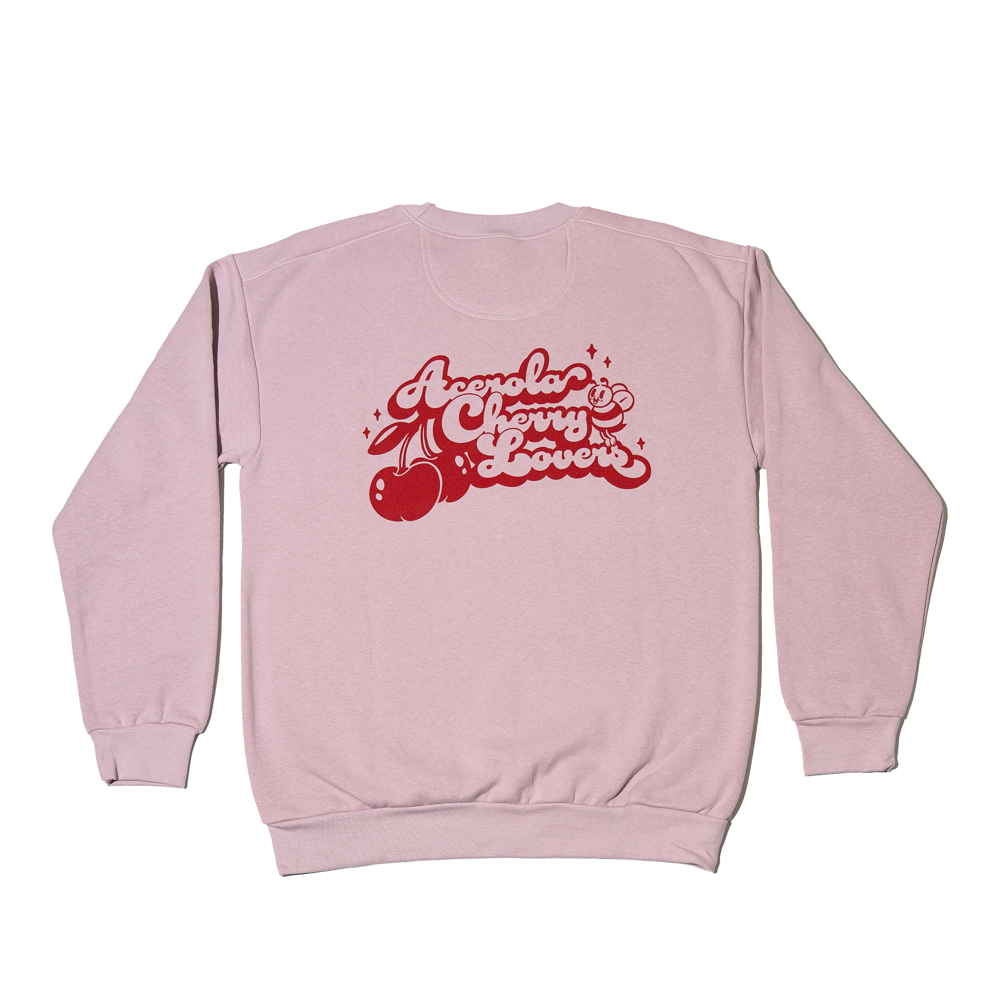 Back view of Acerola Cherry Lovers crewneck showcasing large red graphic of cherries and a bee on dusty rose background