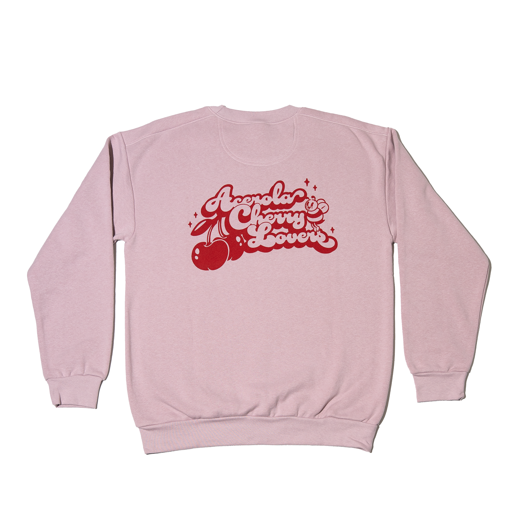 Acerola Cherry Lovers crewneck sweatshirt in pink. Retro graphic design on back with cherries and bee.