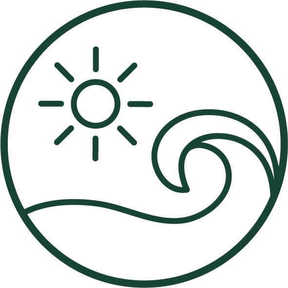 Icon of a sun and wave in a circular design on a white background