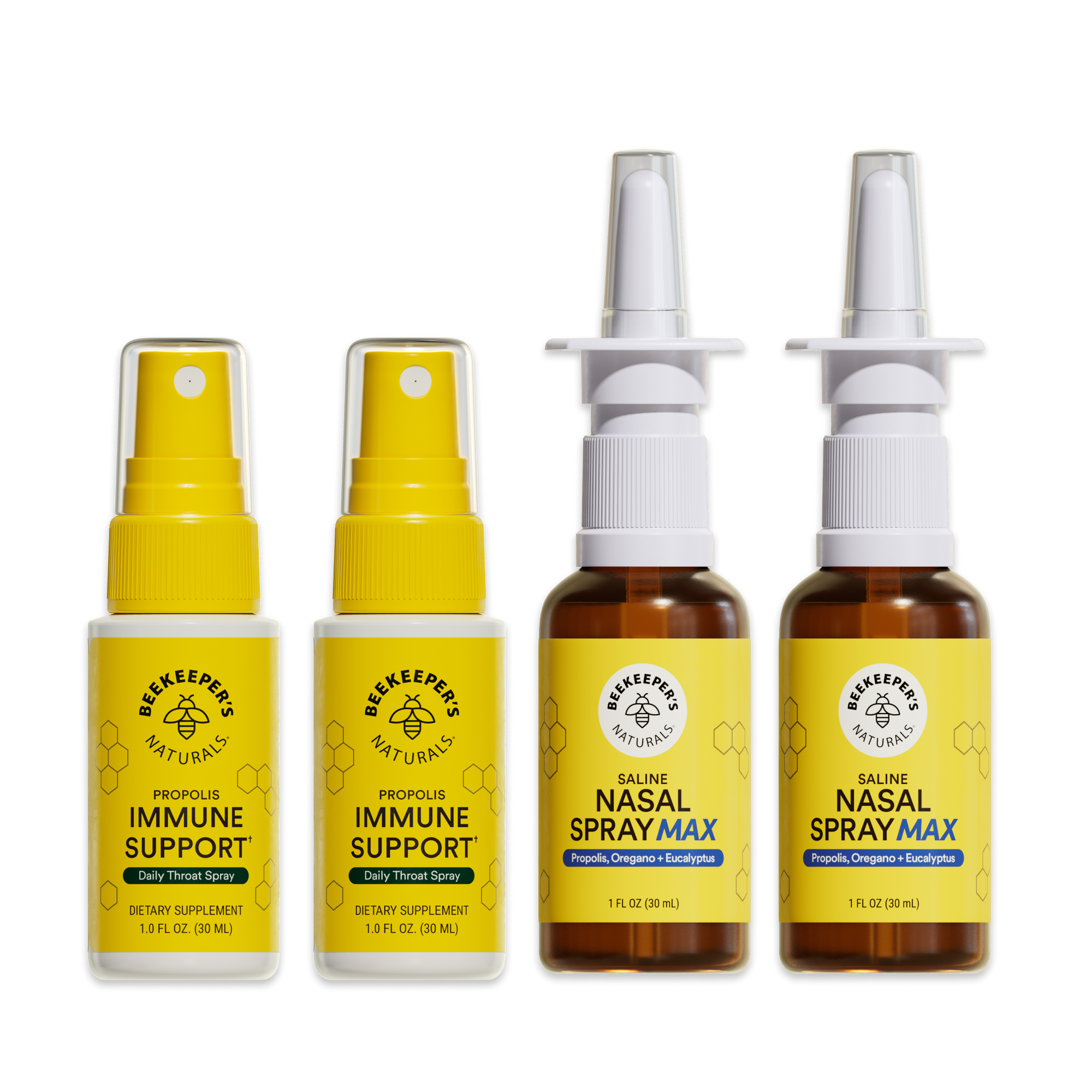 Four bottles of Beekeeper's Naturals immune support and nasal spray products on a white background