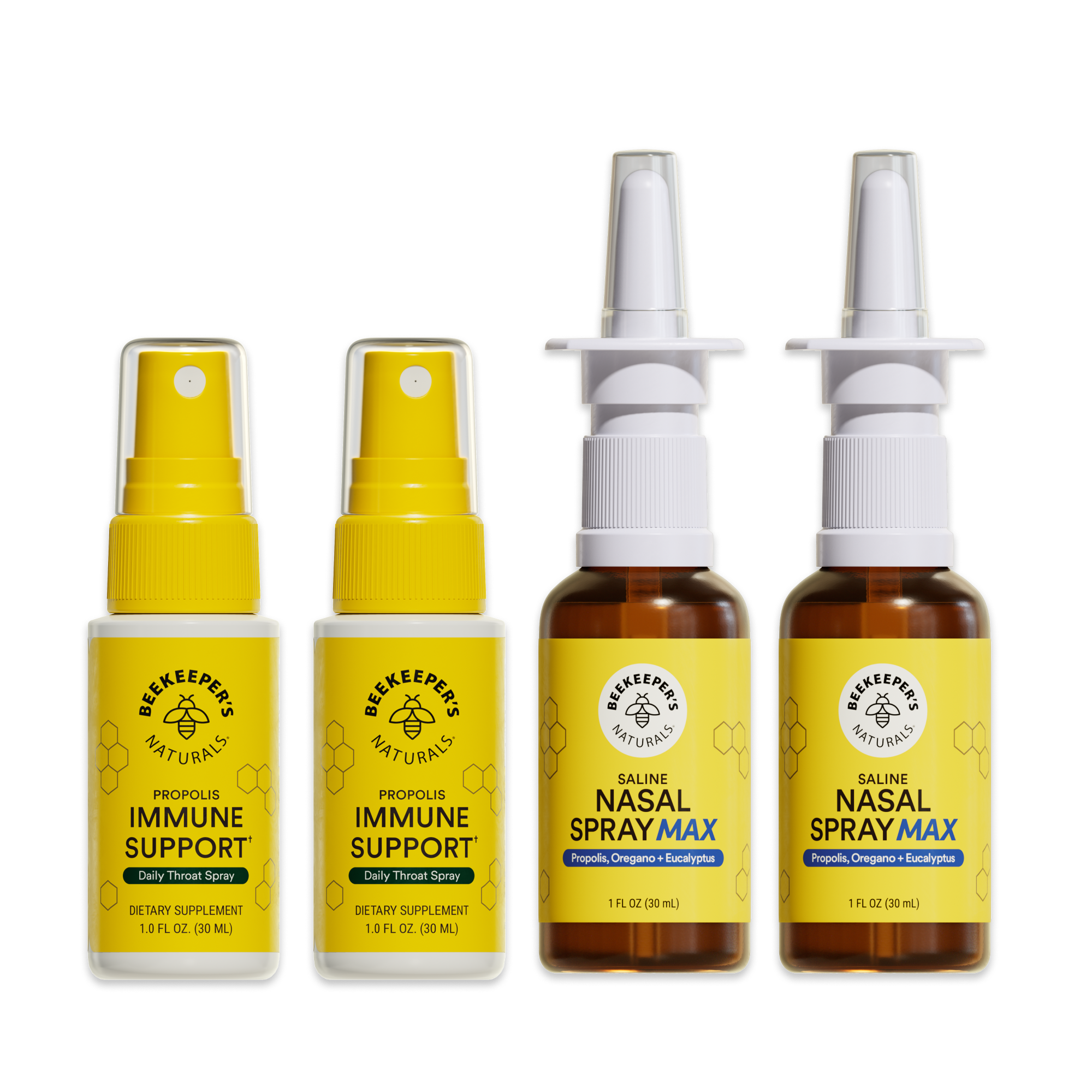 Four bottles of Beekeeper's Naturals immune support and nasal spray products on a white background