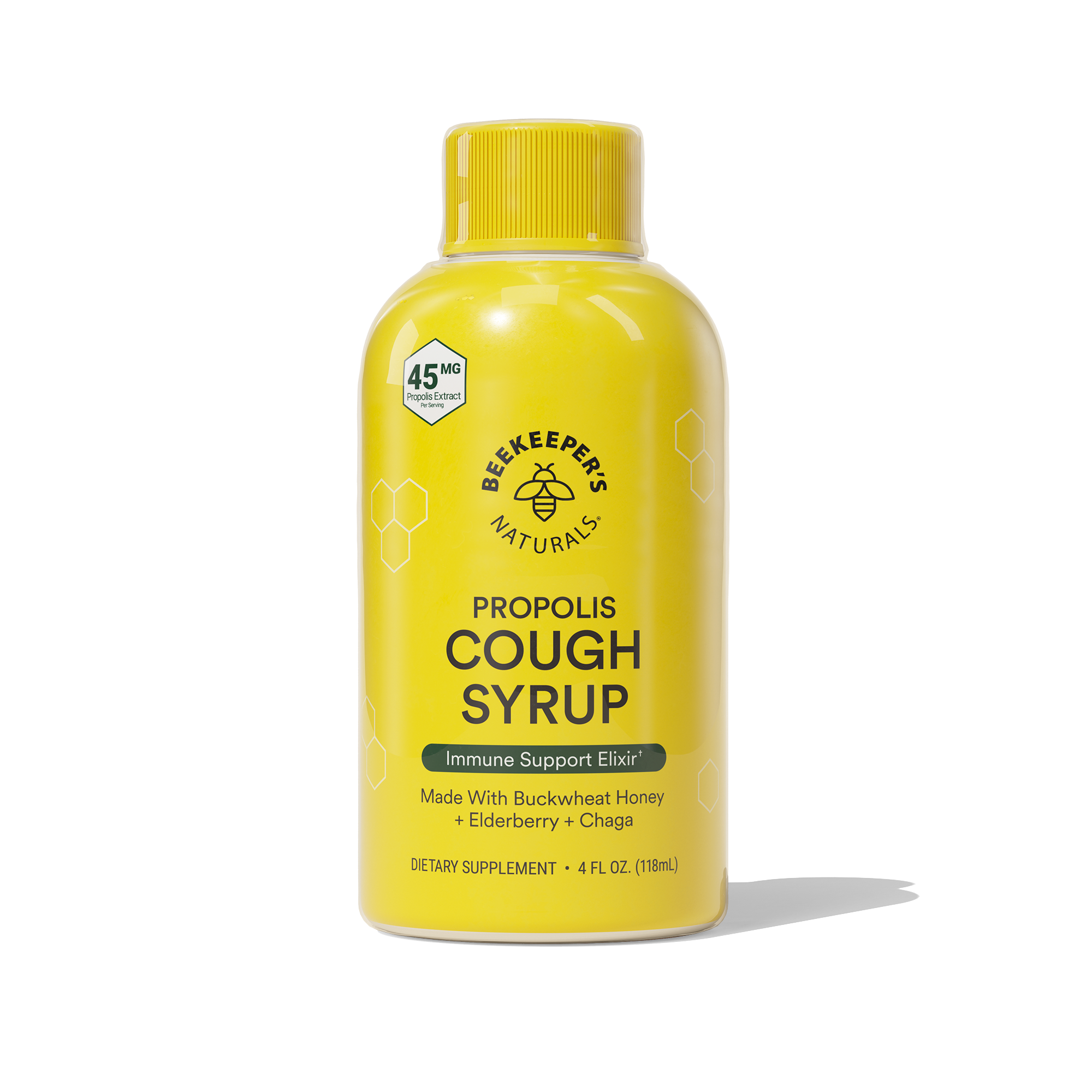 A bottle of Daytime Propolis Cough Syrup with a yellow label, made with buckwheat honey, elderberry, and propolis.