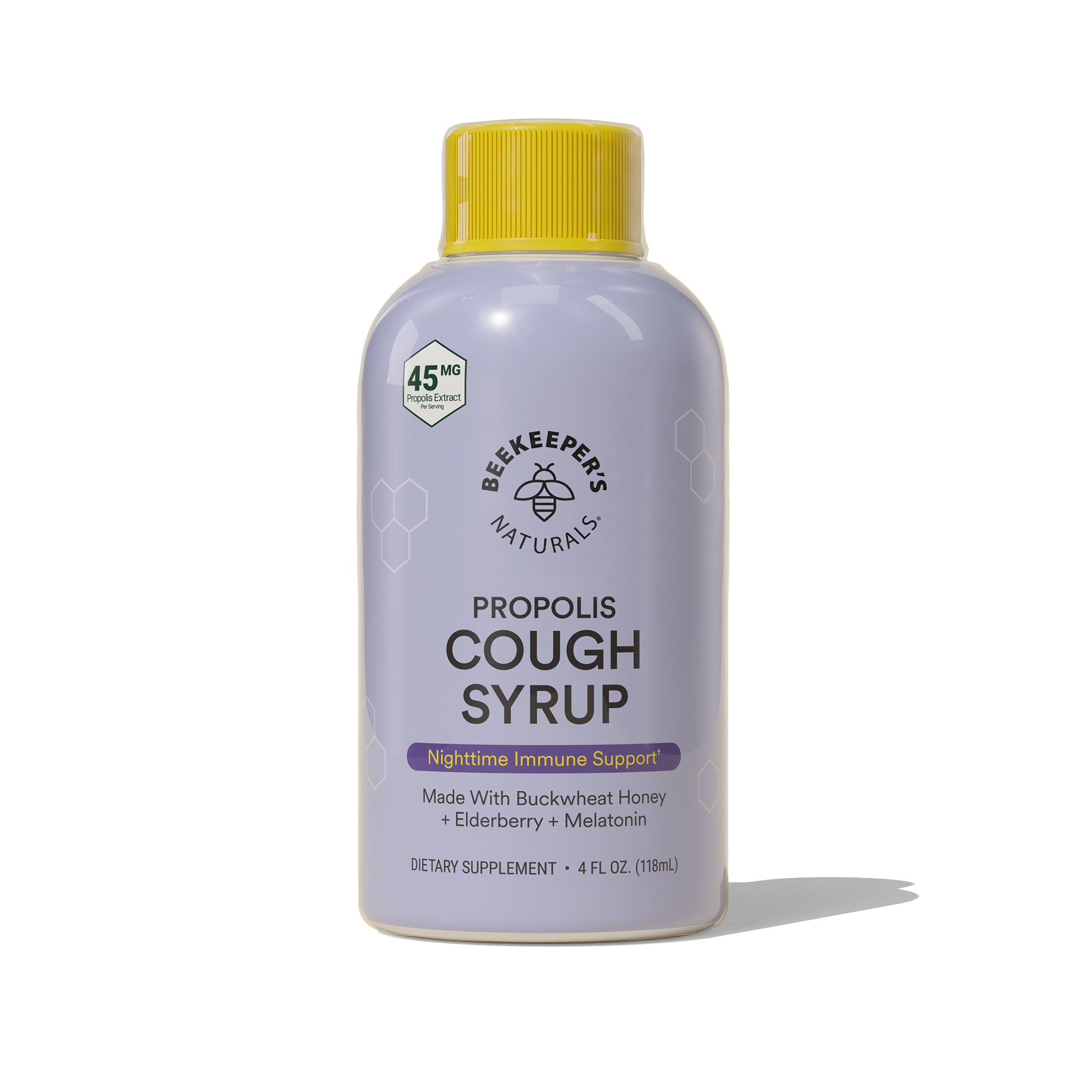 A bottle of Nighttime Propolis Cough Syrup with a yellow cap, made by Beekeeper's Naturals. The label on the bottle indicates that it is an immune support supplement made with buckwheat honey, elderberry, and melatonin.