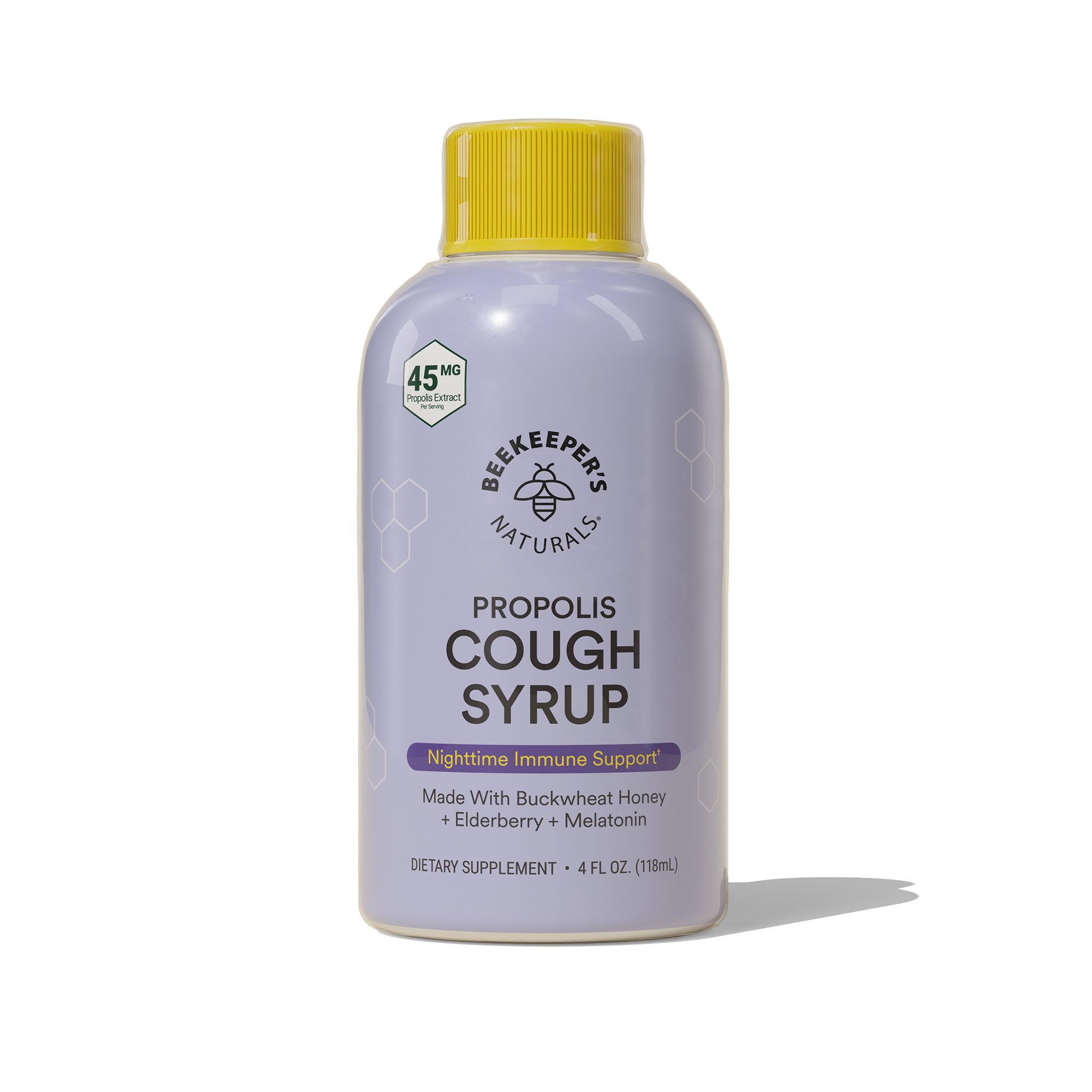 Nighttime Propolis Cough Syrup bottle featuring key ingredients: buckwheat honey, elderberry, and melatonin for immune