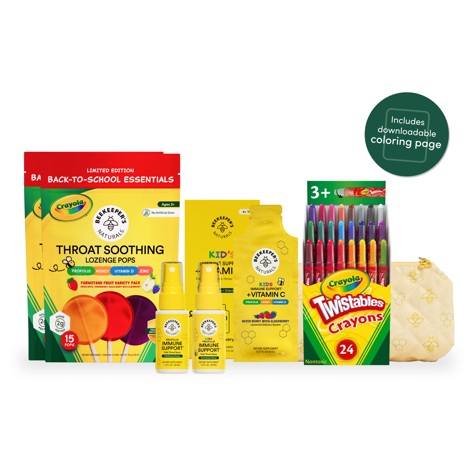A back-to-school essentials product bundle from Crayola, including a limited edition back-to-school essentials box, two yellow throat-soothing lozenges, a pack of Twistables crayons, and a small beige drawstring pouch, shown on a white background with a green badge that says it includes a downloadable coloring page.