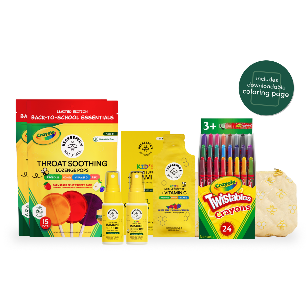 A back-to-school essentials gift set from Crayola on a white background, featuring a limited edition box, throat-soothing lozenges, vitamin C spray, Twistables crayons, a coloring book, and a small pouch. A green badge indicates the set includes a downloadable coloring page.
