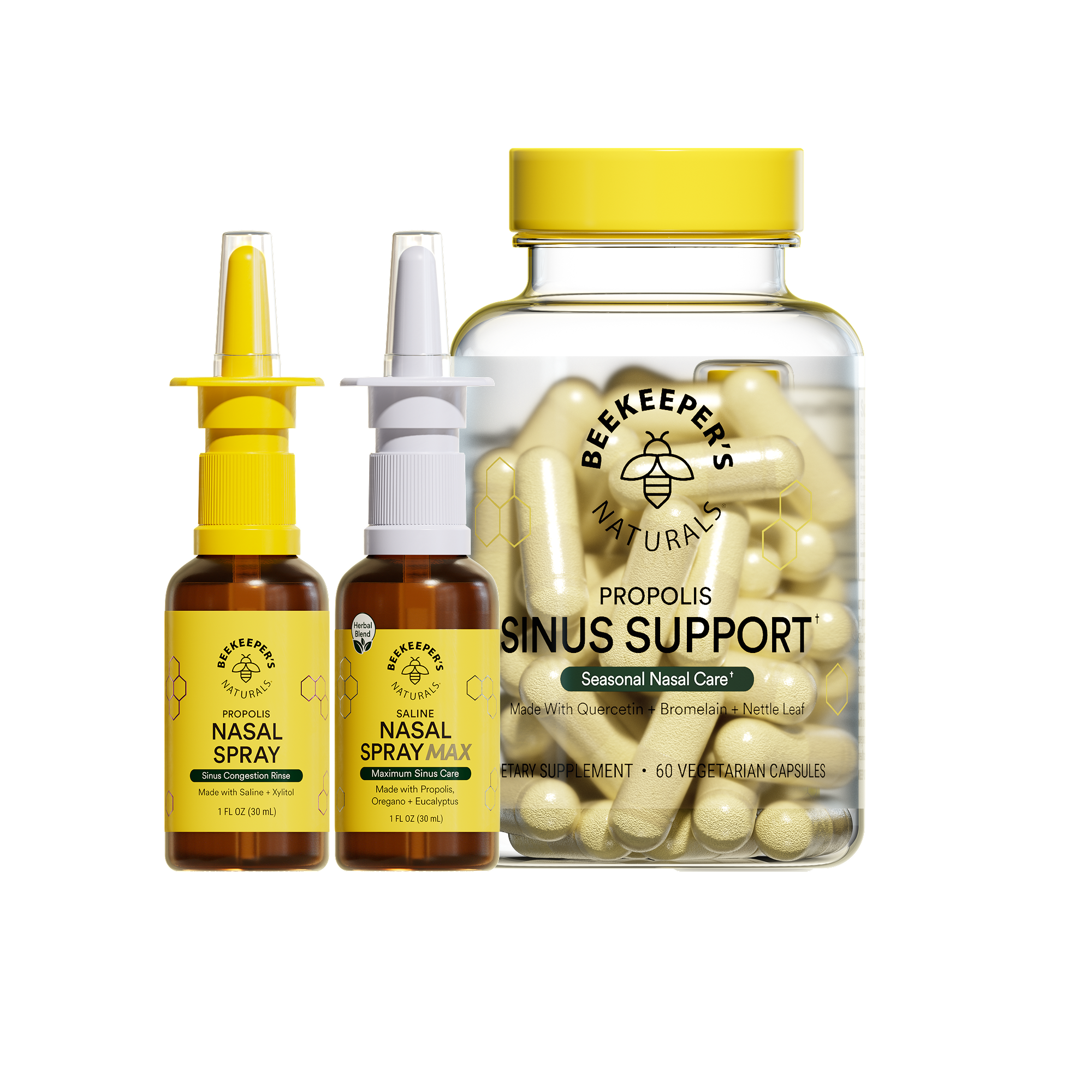 Beekeeper's Naturals sinus support products including capsules, spray, and nasal spray on a white background