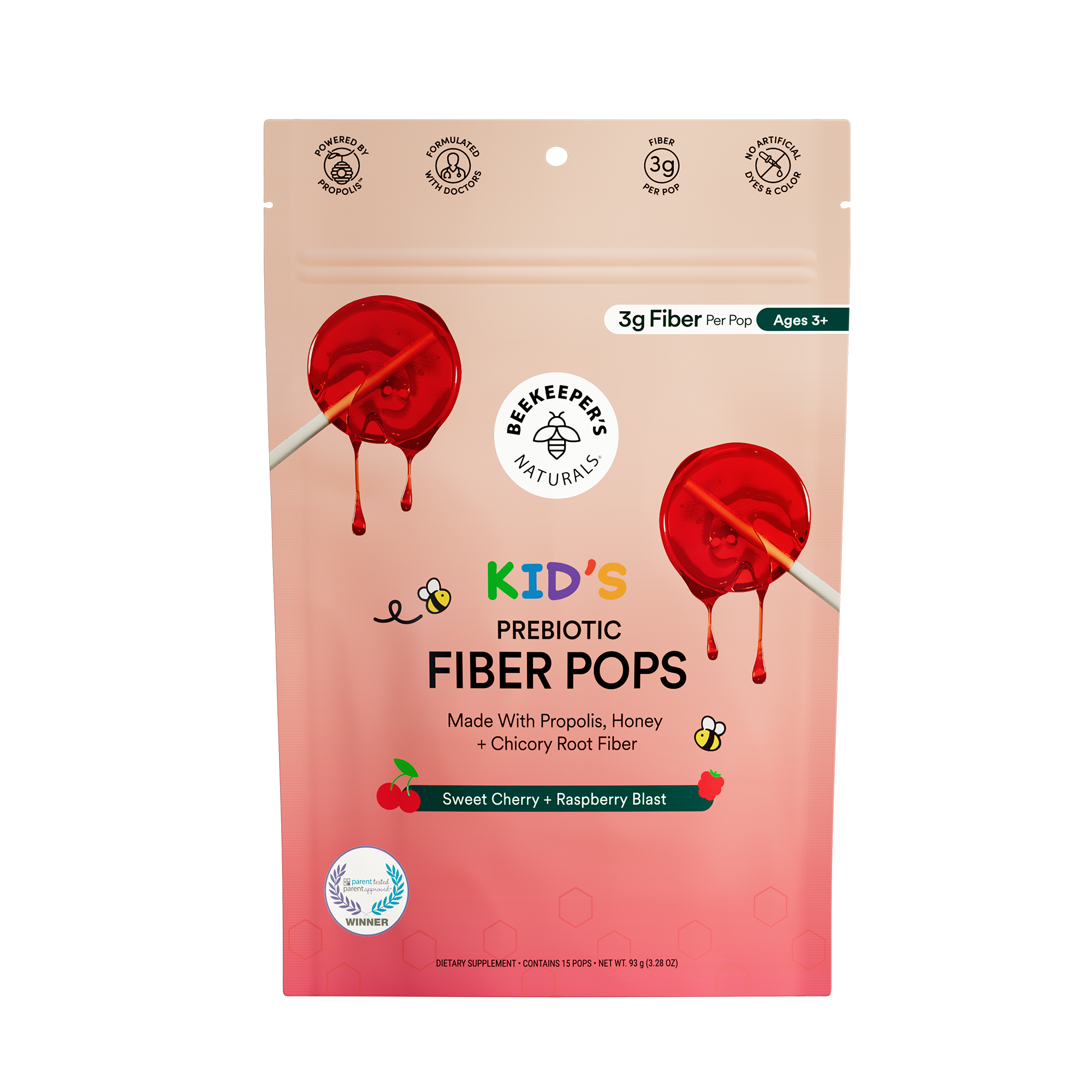 Package of Beekeeper's Naturals Kids Prebiotic Fiber Pops with red popsicles on a beige background