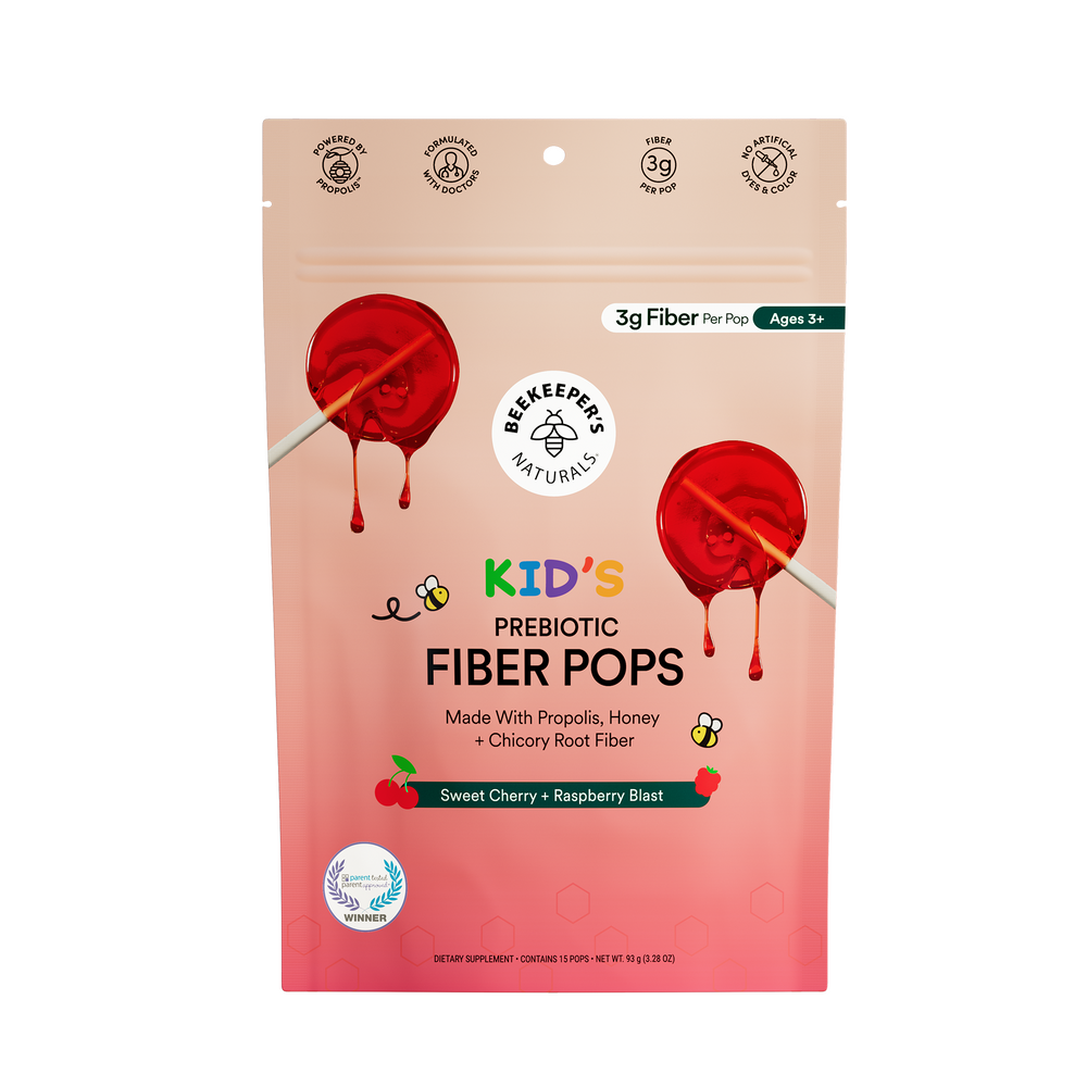Package of Beekeeper's Naturals Kids Prebiotic Fiber Pops with red popsicles on a beige background