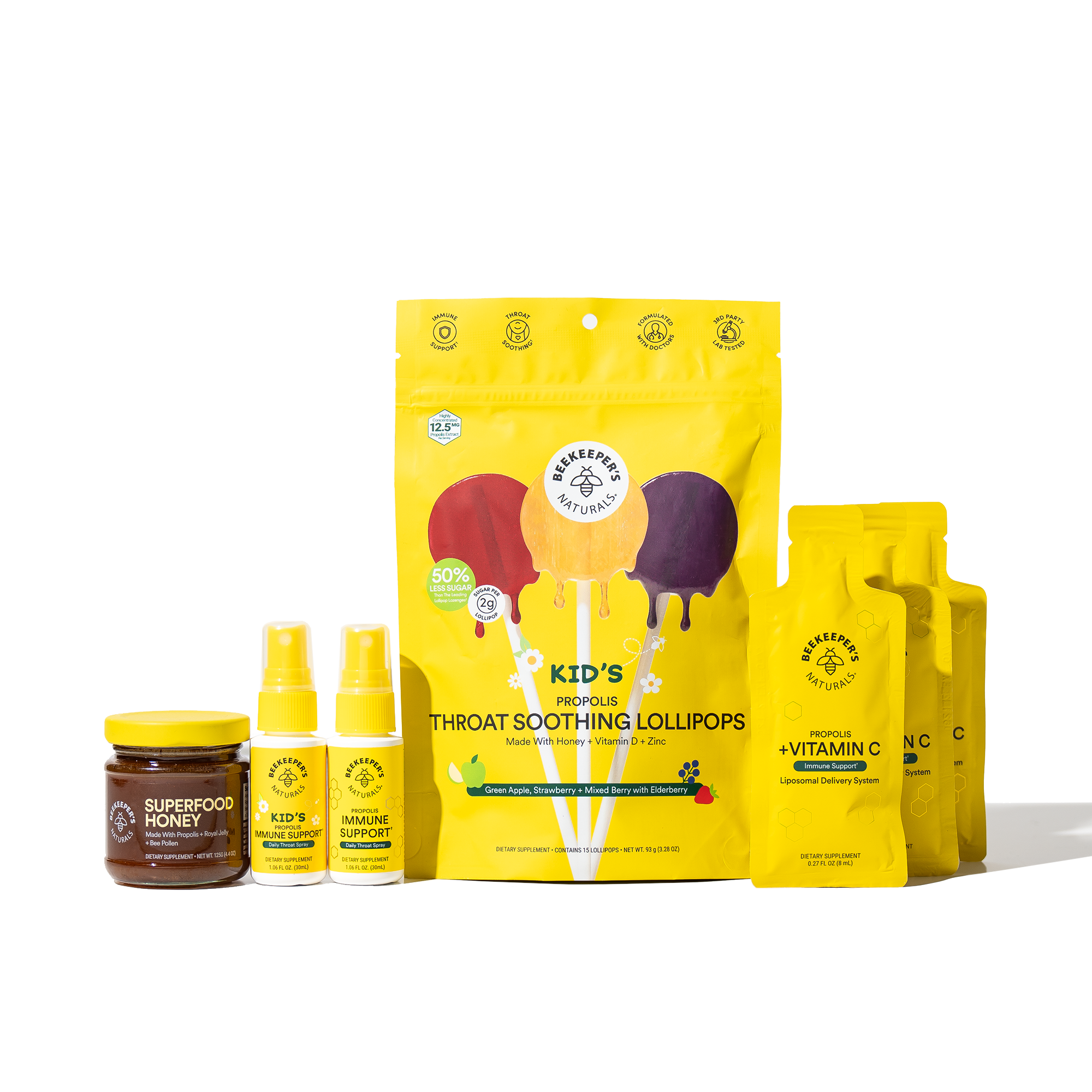 Beekeeper's Naturals Family Starter Kit: Superfood Honey, immune support throat sprays and lollipops, and Propolis + Vitamin