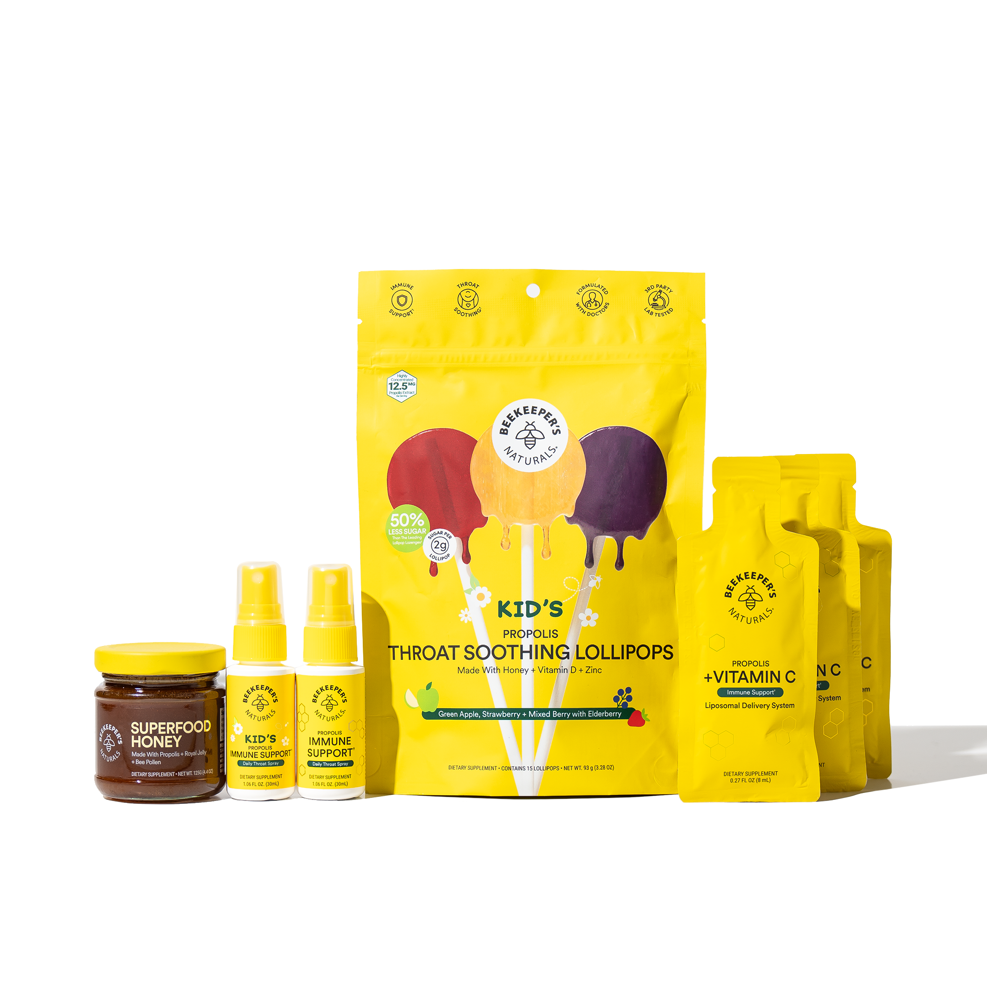 Beekeeper's Naturals Family Best Seller Starter Kit featuring propolis throat spray, superfood honey, vitamin C, & kid's