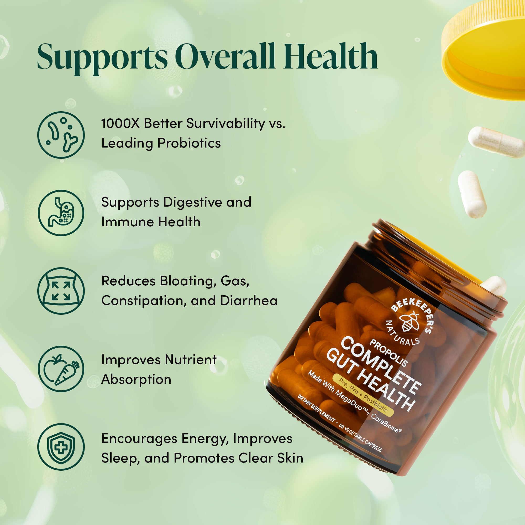 3-in-1 Complete Gut Health benefits: supports digestion, boosts immunity, reduces bloating, and improves nutrient absorption.