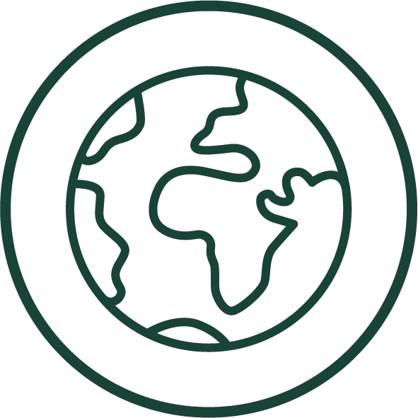Outline of a globe with a hand holding it, symbolizing global support or care.