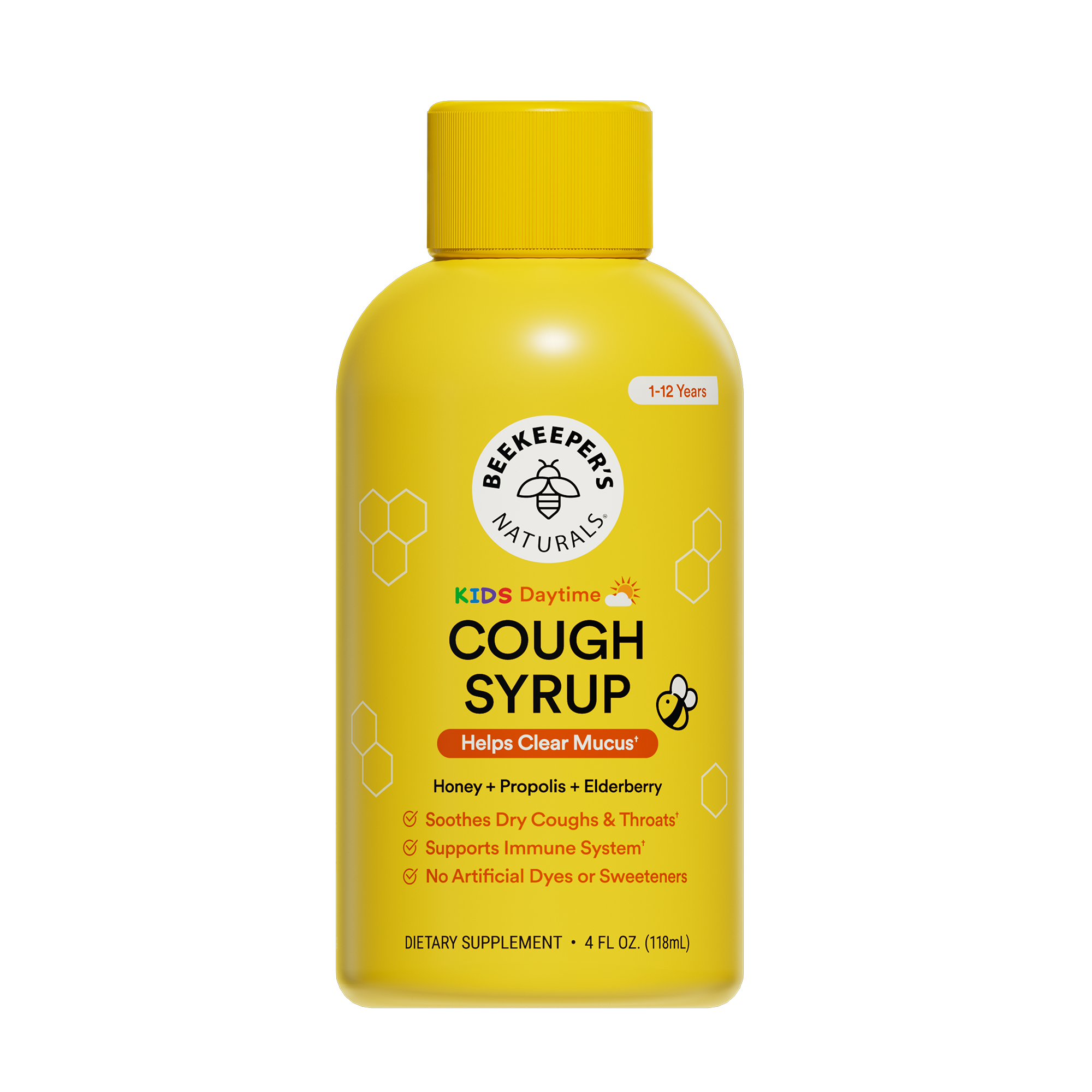 Yellow bottle of Beekeeper's Naturals Kids Daytime Cough Syrup on a white background