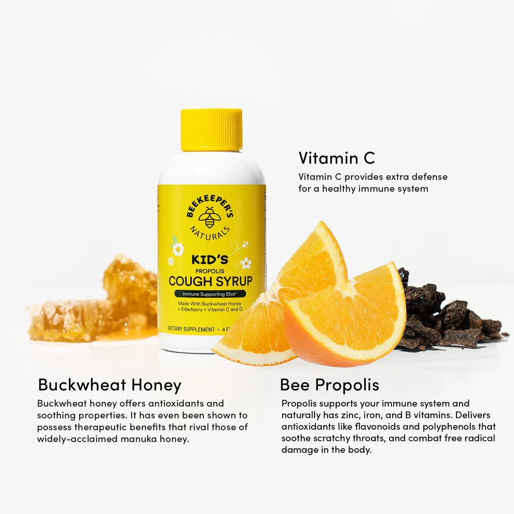 Kids cough syrup featuring buckwheat honey, propolis and vitamin C to support their immune system.