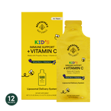 Kid's Immune Support + Vitamin C packets. Natural supplement for kids, with mixed berry & elderberry flavor. Features