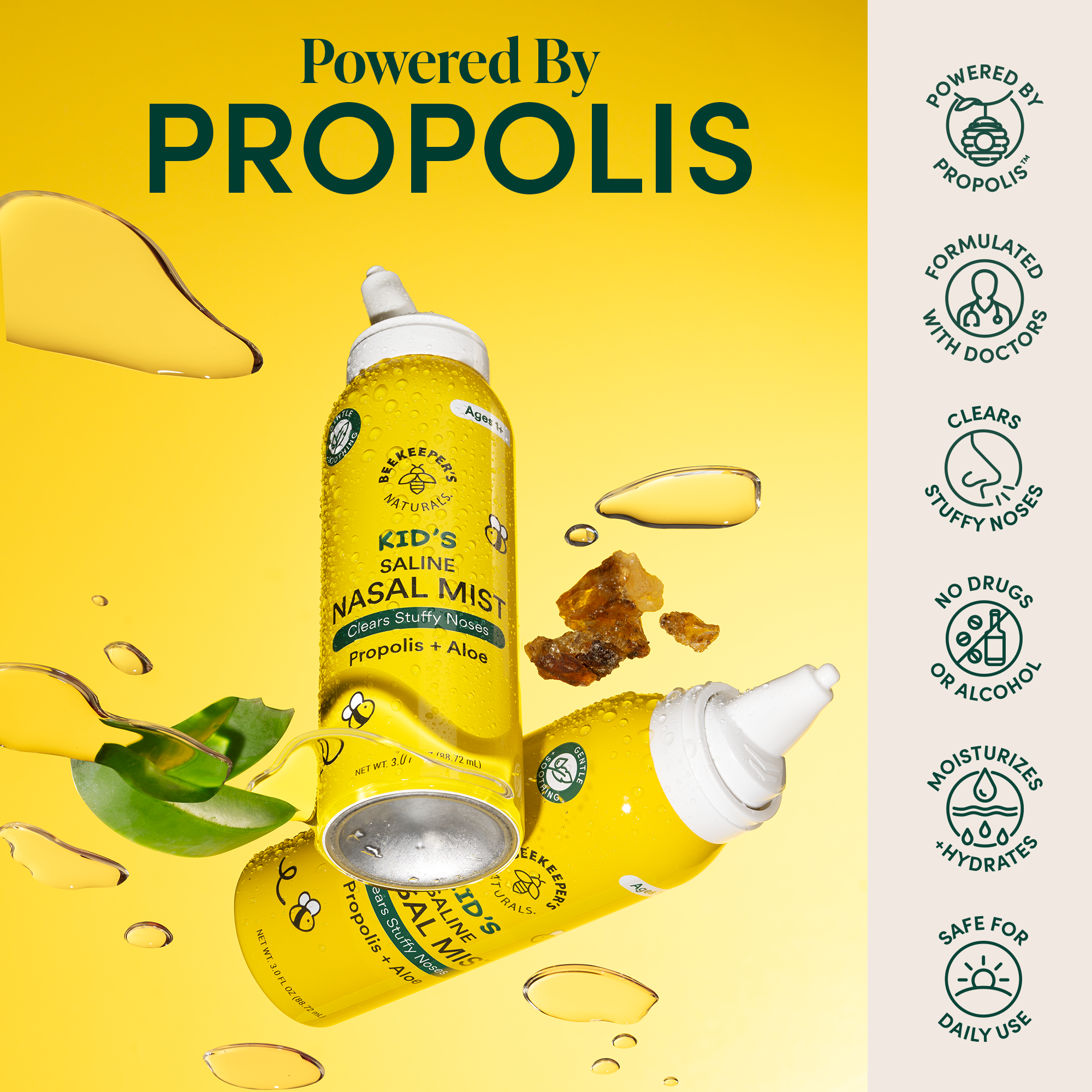 Kid's Saline Nasal Mist spray, with text "Powered by Propolis," promoting its natural, safe, and moisturizing sinus relief.