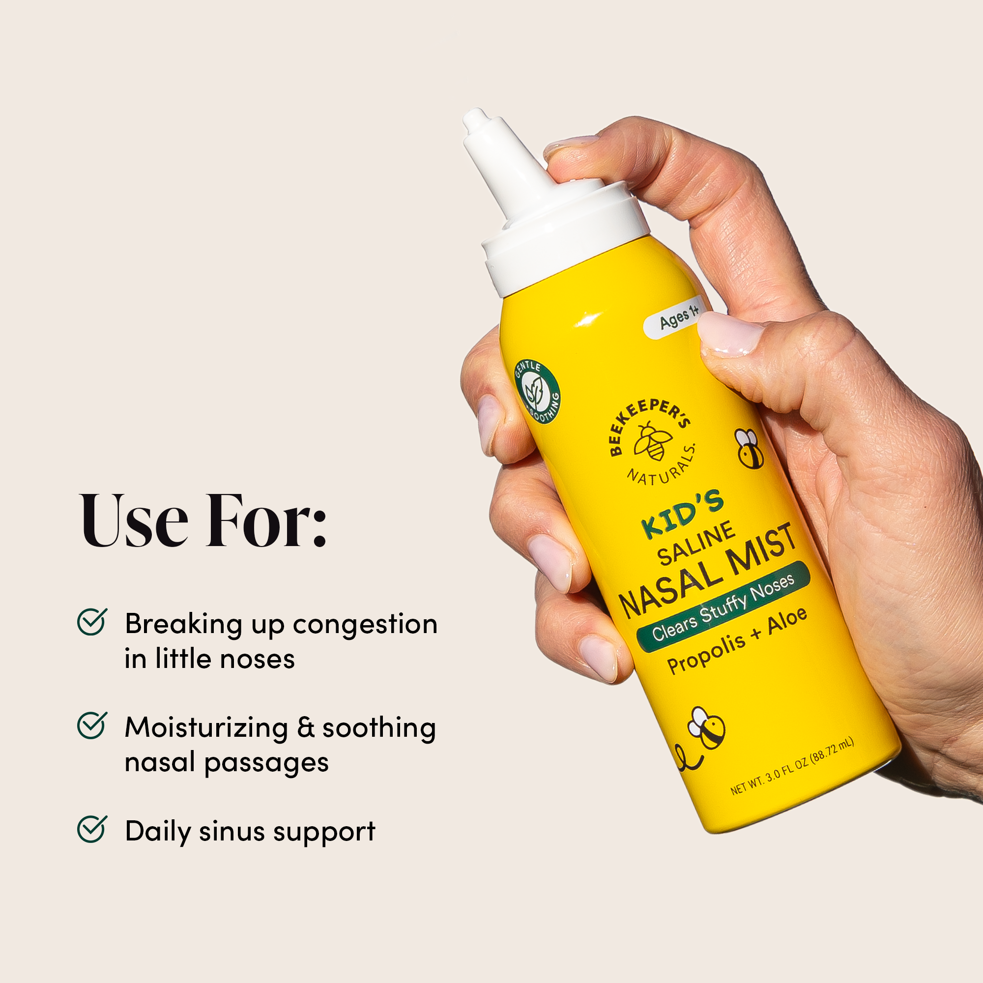 Kid's Saline Nasal Mist uses: Breaking up congestion, moisturizing nasal passages, & daily sinus support. Ages 1+.
