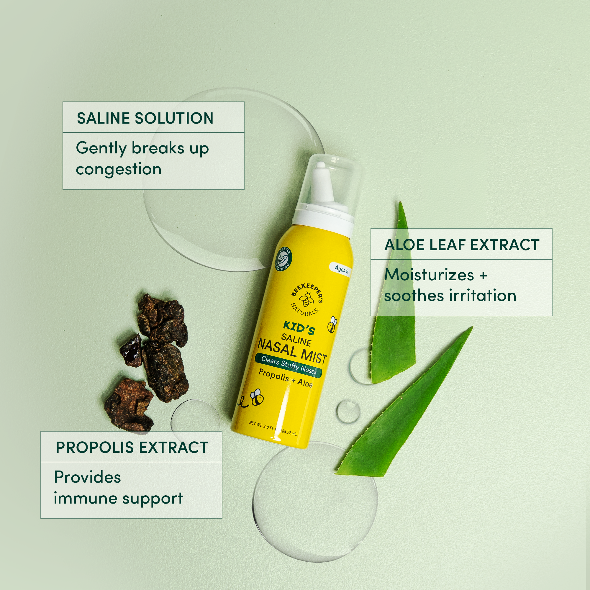 Kid's Saline Nasal Mist benefits: saline solution, aloe leaf & propolis extracts. Relieves congestion and soothes irritation.
