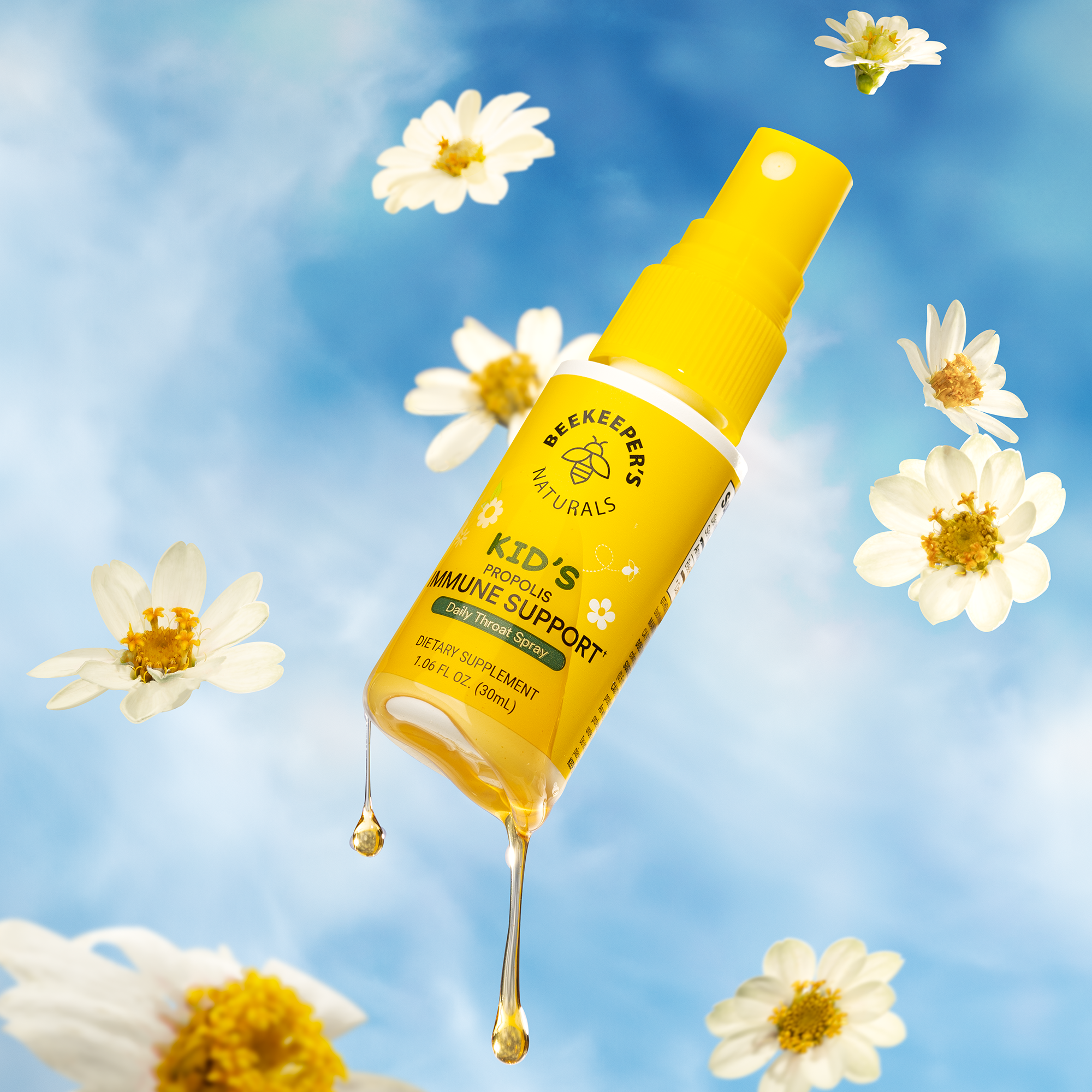Kids Propolis Throat Spray, dietary supplement. Immune support with honey droplets, spray bottle, and floral elements.