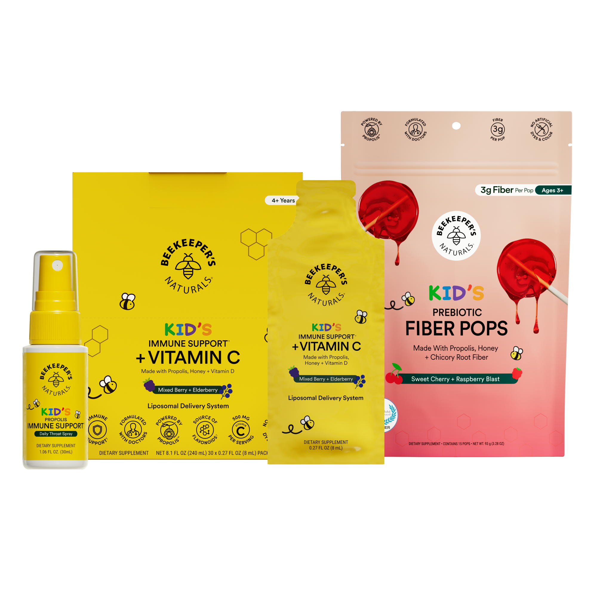 Beekeepers Naturals health products including kids immune support supplement, fiber pops, and vitamin C on a white background.