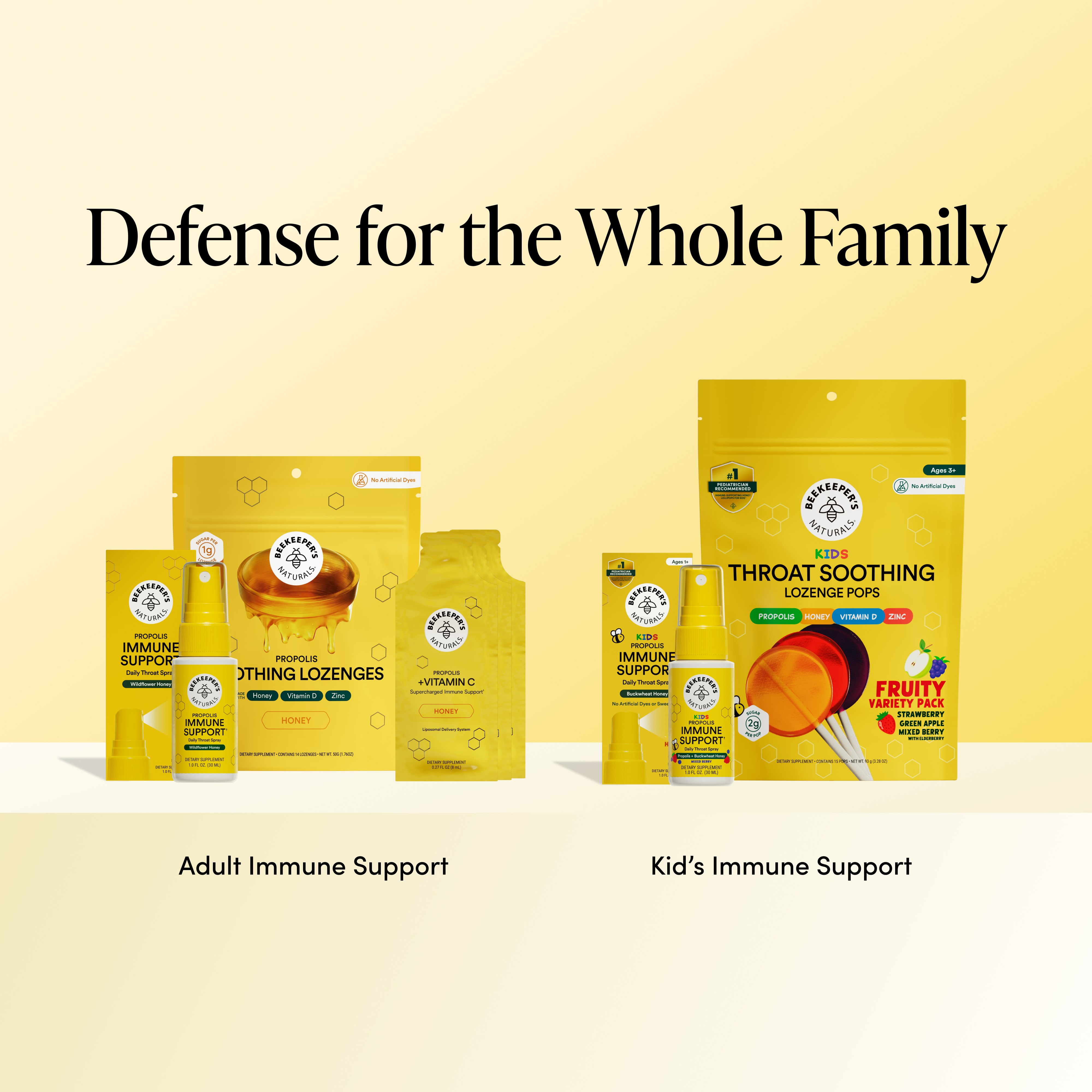 A promotional graphic showing multiple yellow and gold packages of the same brand's immune support products, including adult immune support and kids' immune support, under the headline 'Defense for the Whole Family' on a pale yellow background.
