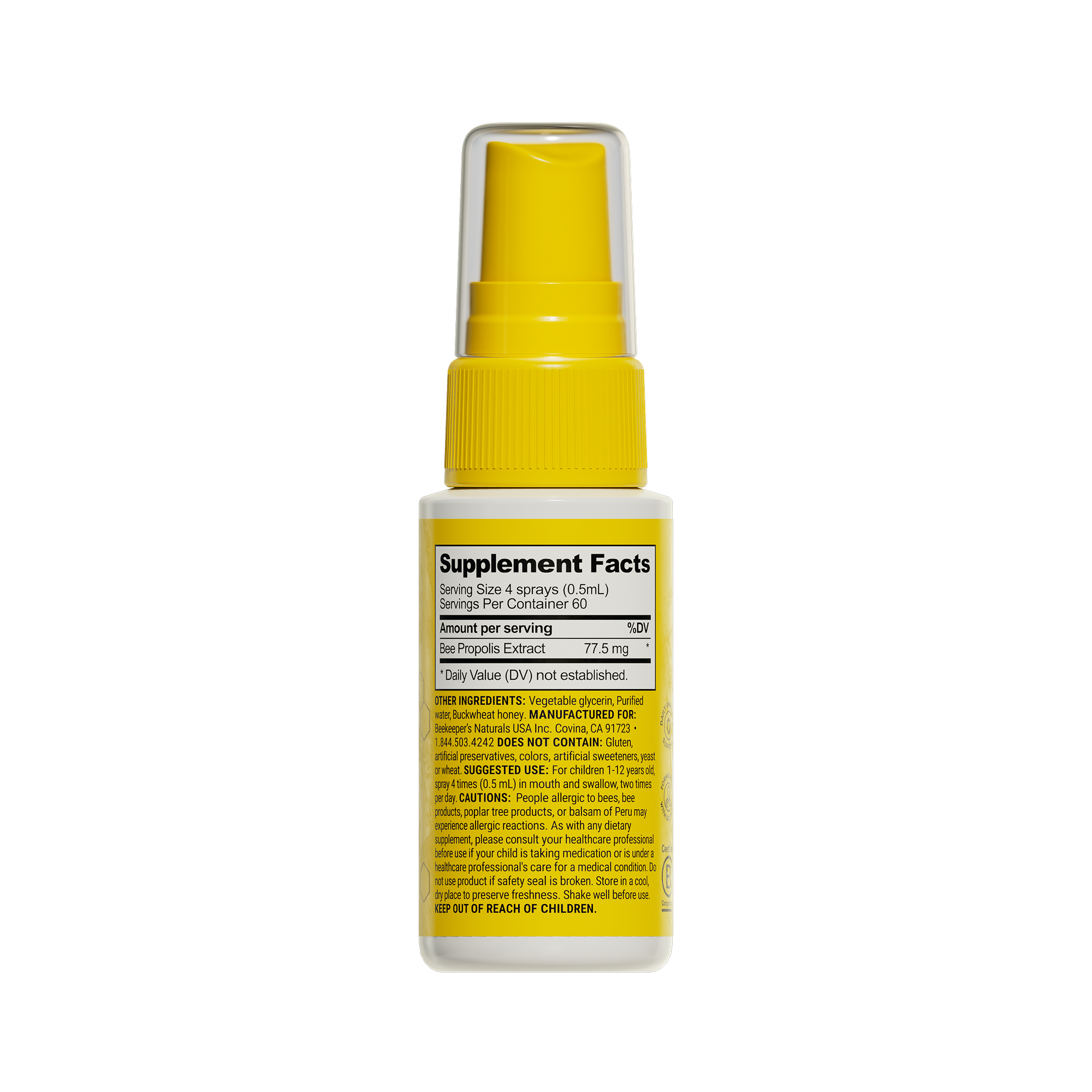 Yellow supplement spray bottle with label on a white background