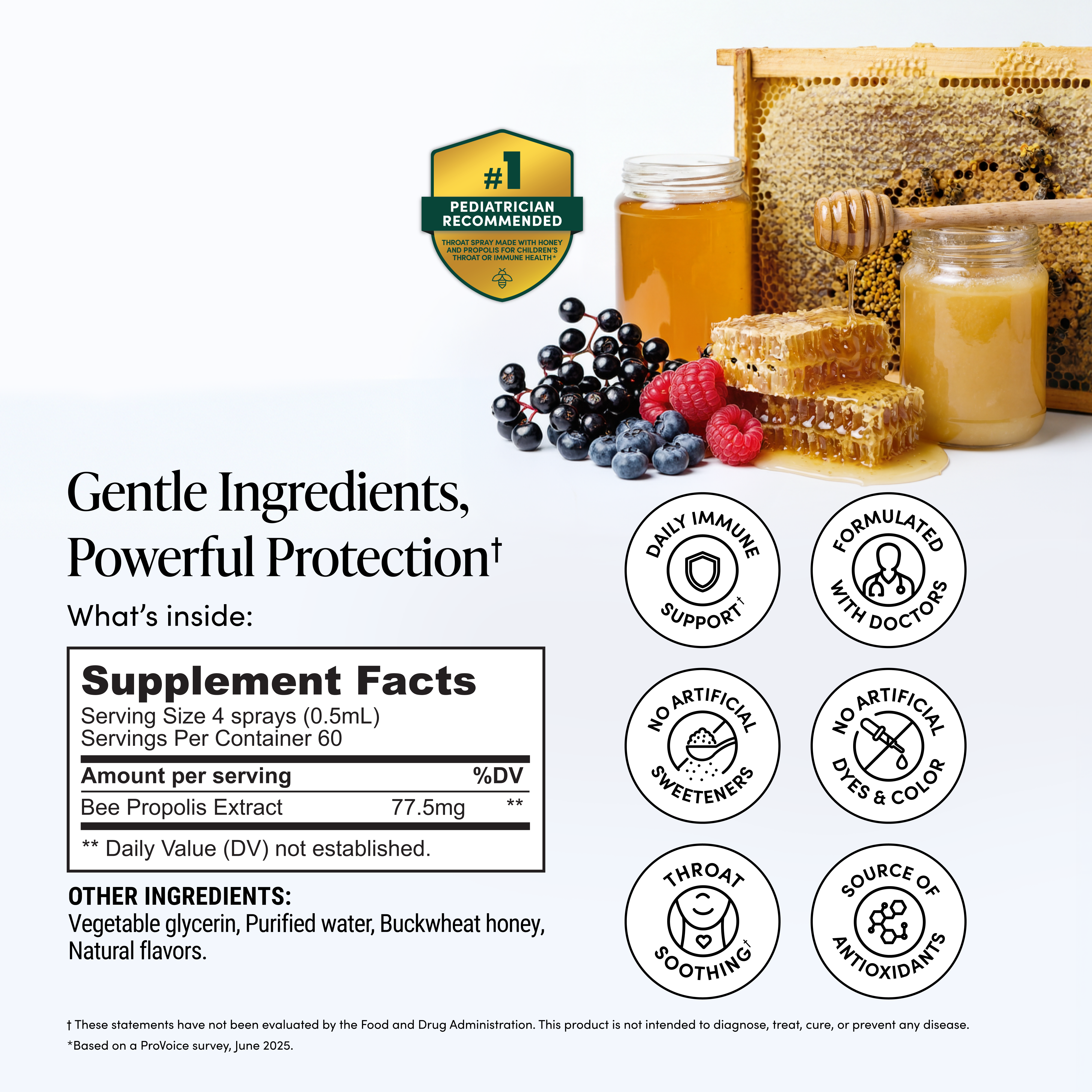 A supplement facts panel and ingredient callout for a bee propolis extract product, shown with honey jars, honeycomb, blueberries, and raspberries on a white background. A badge at the top reads 'Pediatrician Recommended' and circular icons highlight benefits like daily immune support and throat soothing.