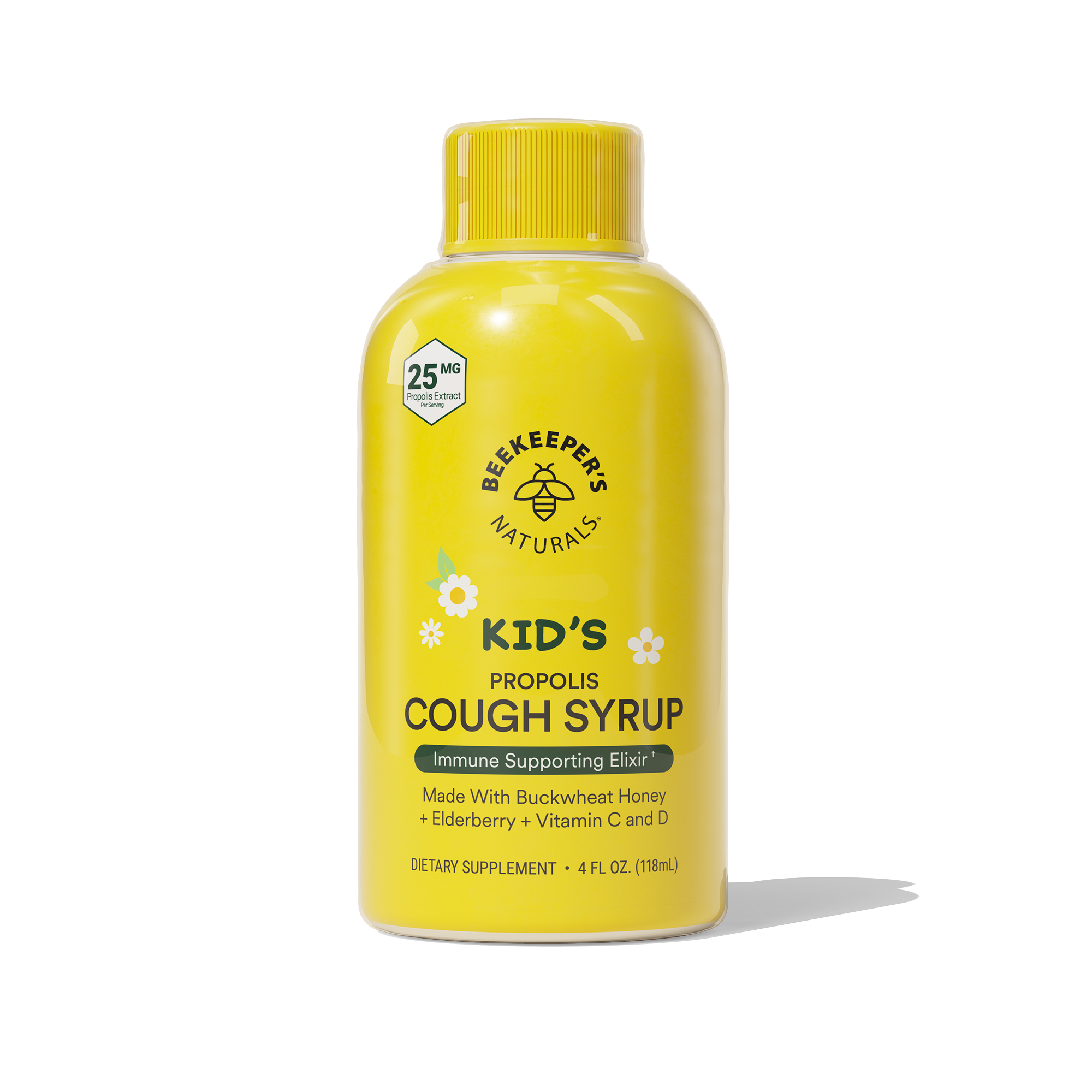 A bottle of Kids Daytime Honey Cough Syrup with natural ingredients listed on the label.
