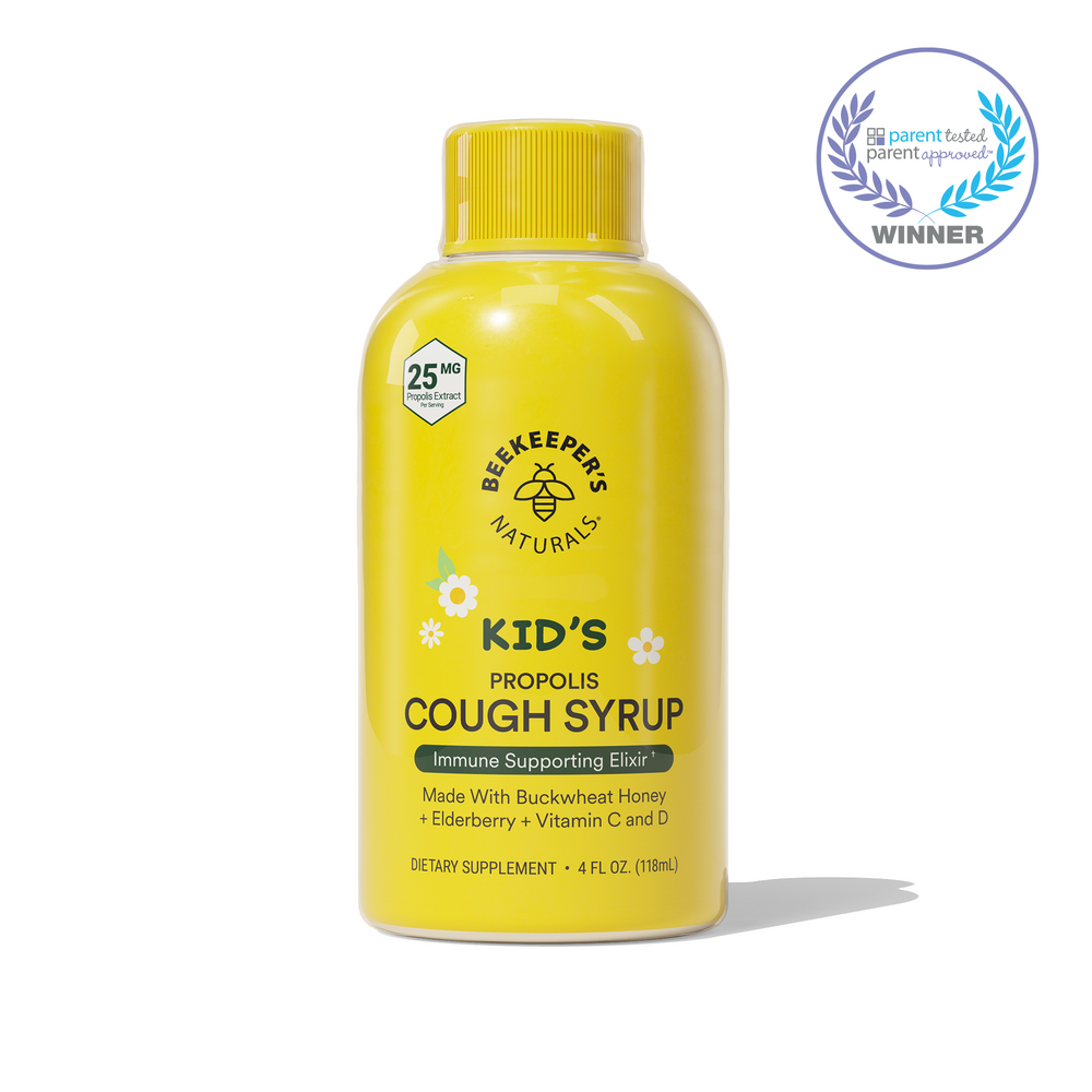 Kids Daytime Honey Cough Syrup bottle featuring 25mg Propolis Extract. Immune supporting elixir with buckwheat honey and