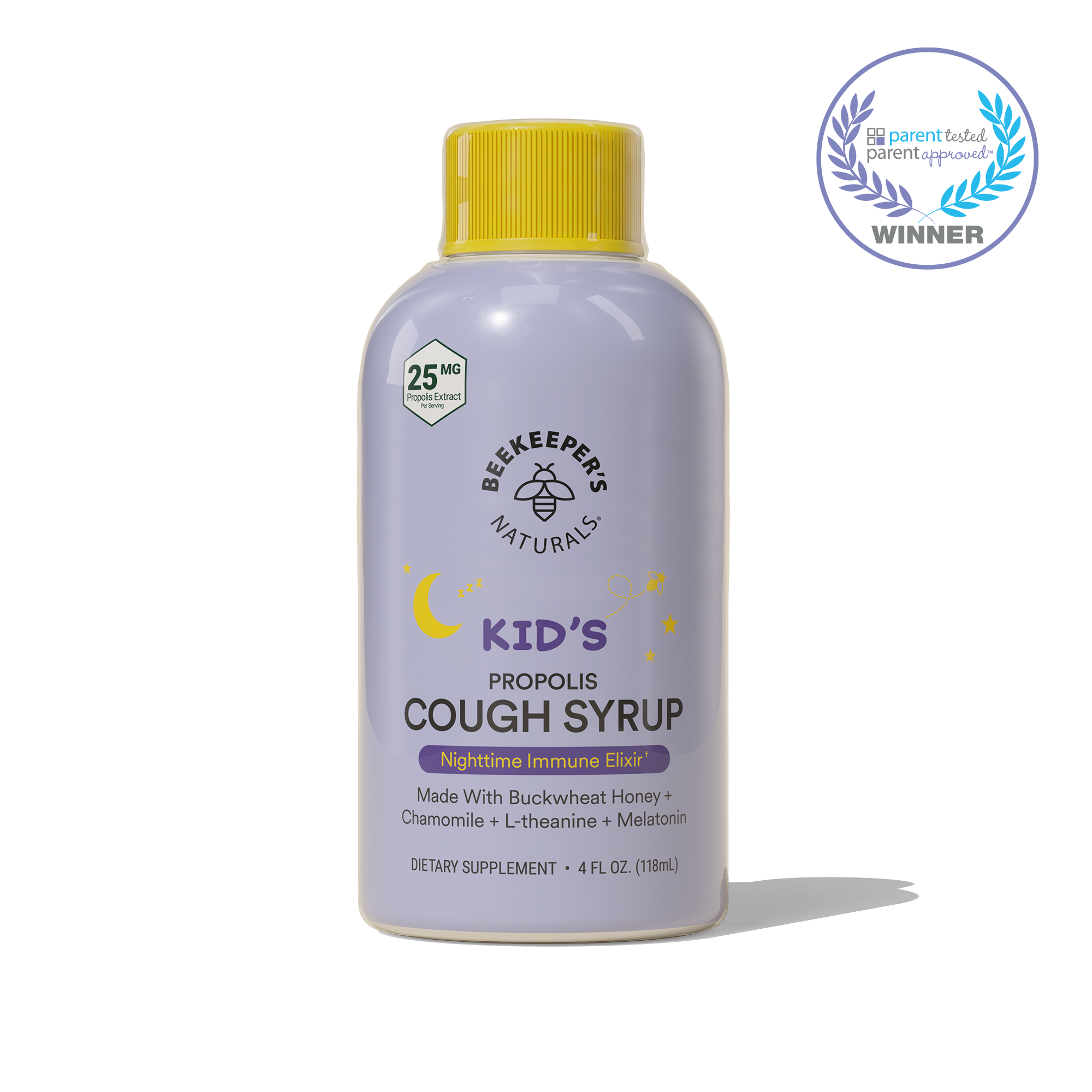 Kids nighttime cough syrup bottle. Propolis cough syrup with honey and melatonin for nighttime immune support. Winner parent