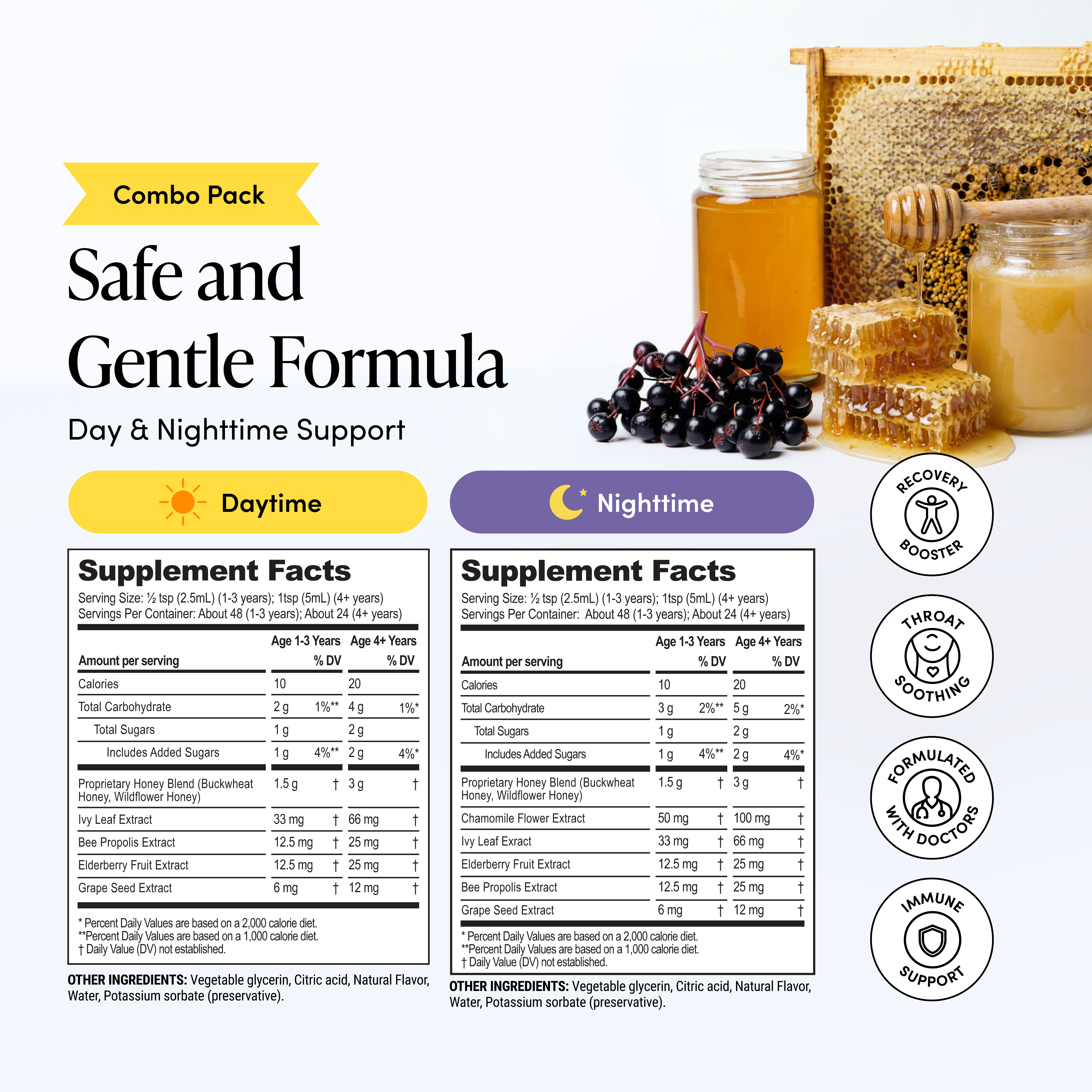 Supplement packaging with honey, berries, and a beehive on a white background