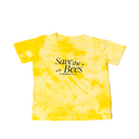 Yellow tie-dye t-shirt with 'Save the Bees' text on a white background