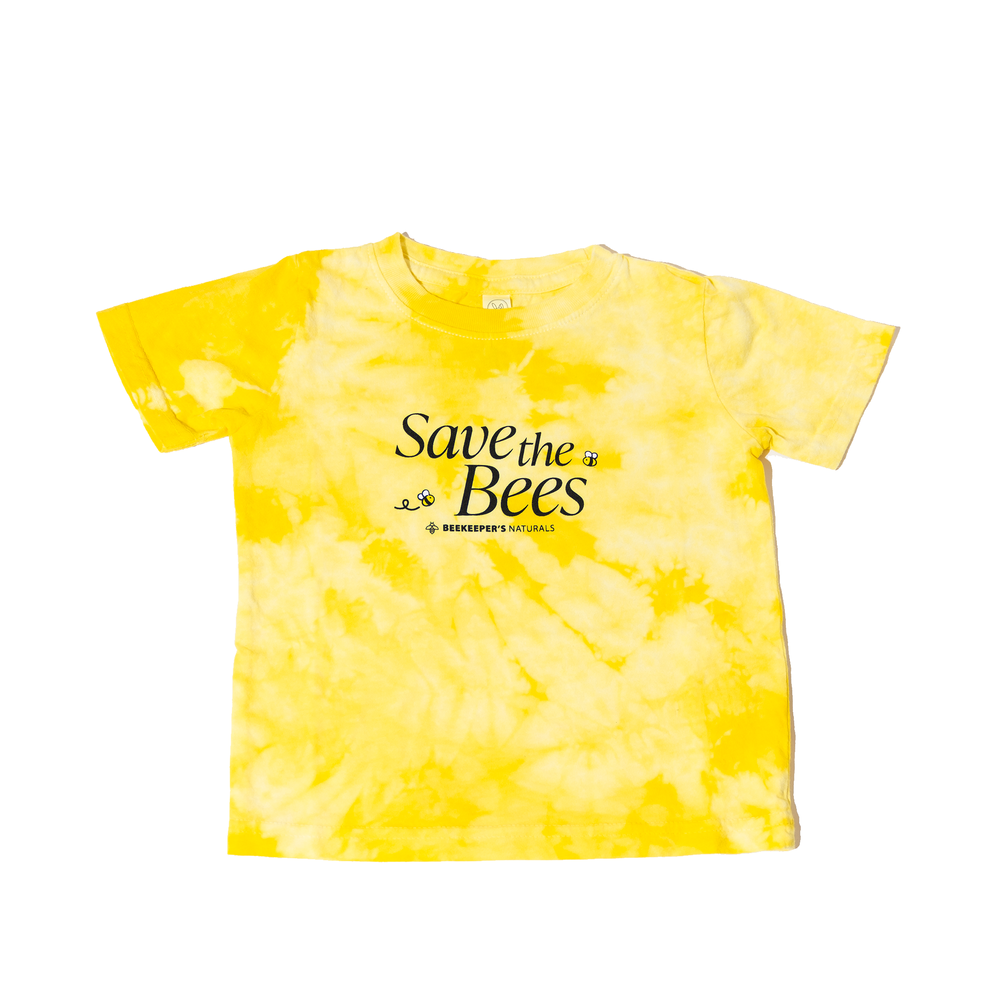 Yellow tie-dye t-shirt with 'Save the Bees' text on a white background