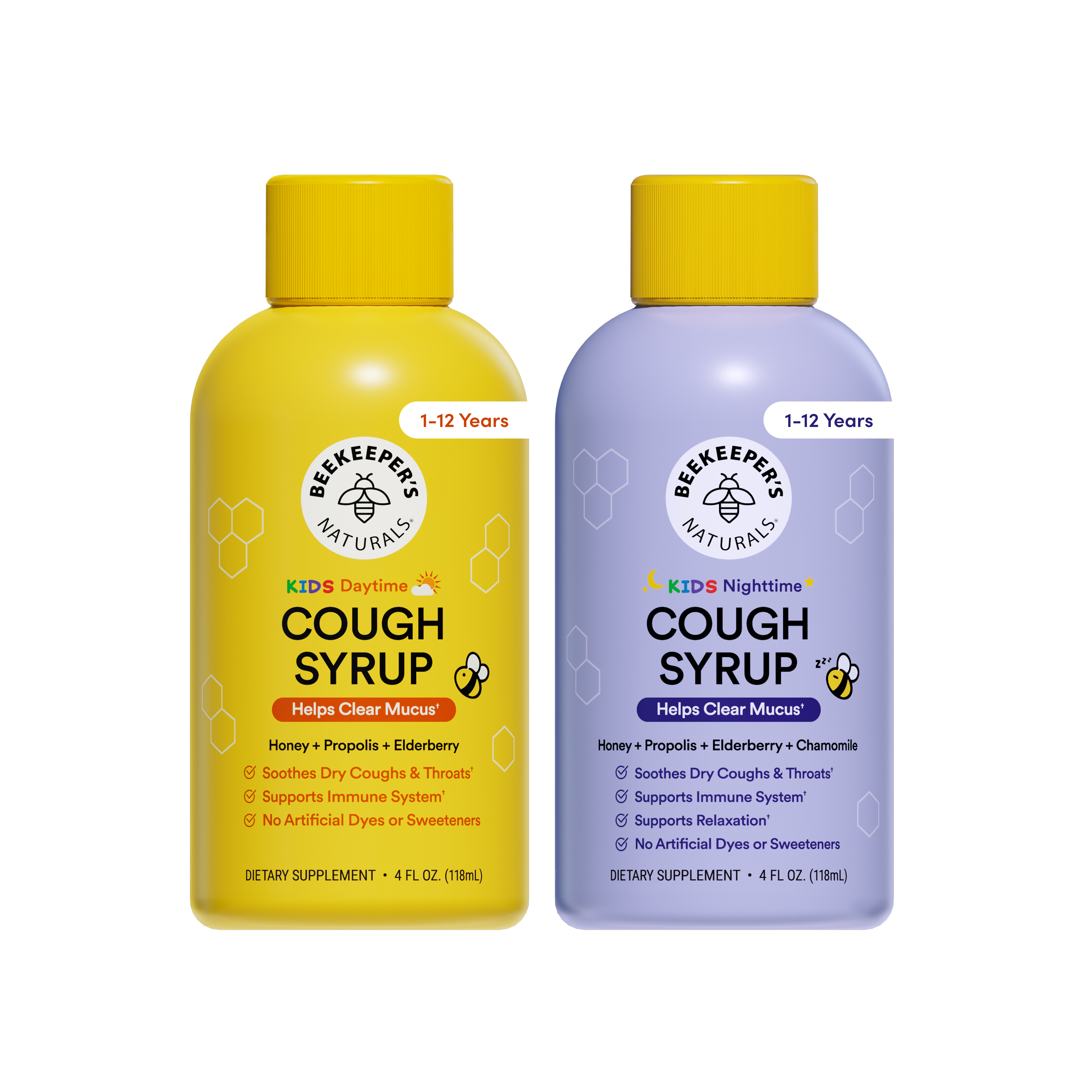 Two bottles of Beekeeper's Naturals cough syrup, one yellow and one purple, on a white background.