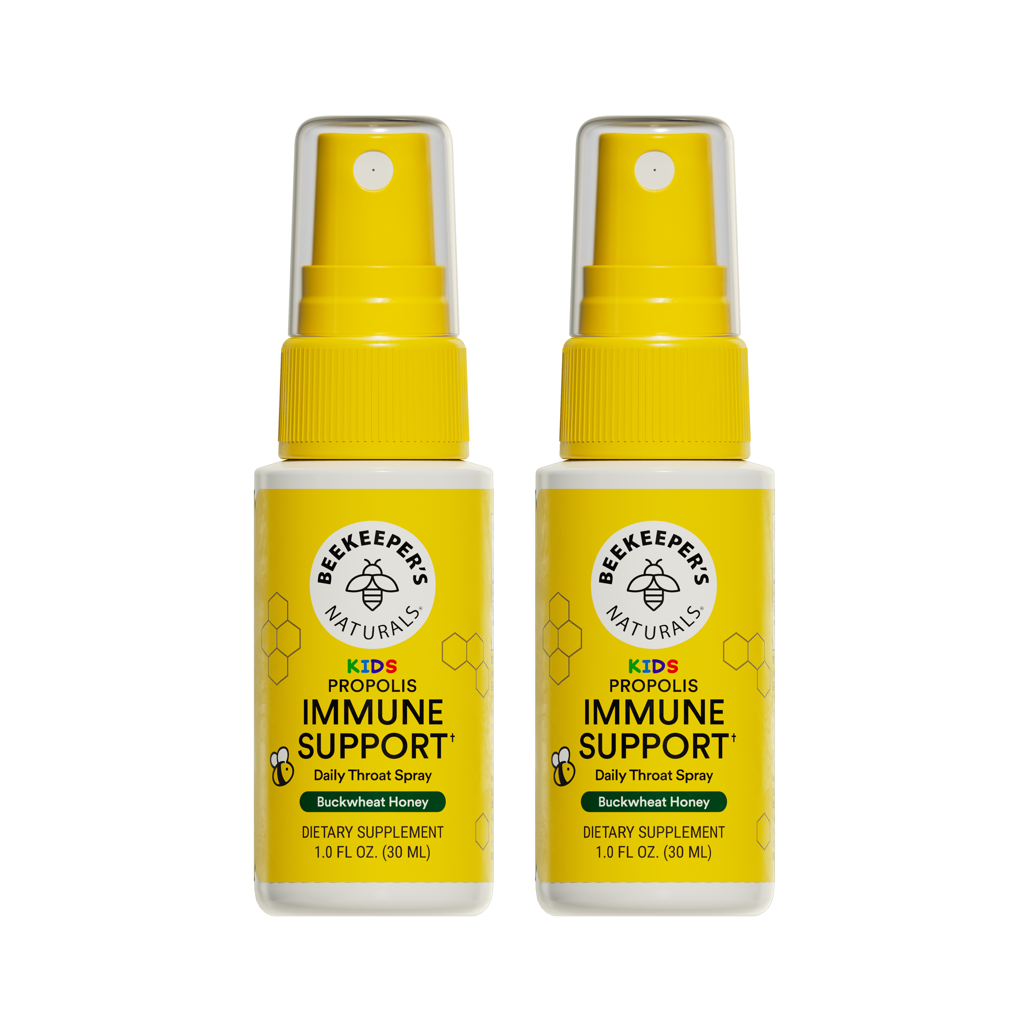Two bottles of Beekeeper's Naturals Kid's Propolis Immune Support daily throat spray on a white background