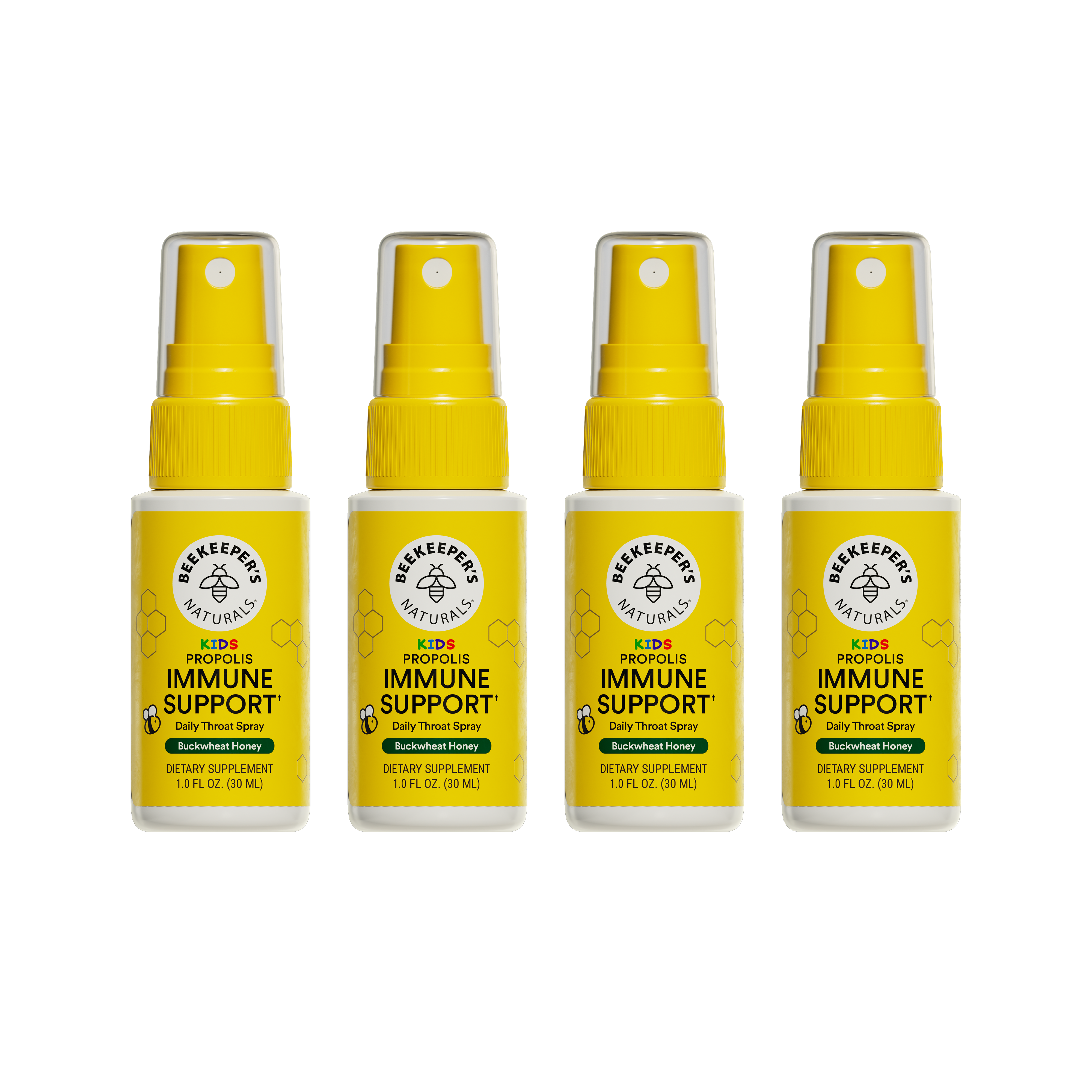 Four bottles of Beekeeper's Naturals Kid's Propolis Immune Support daily throat spray on a white background