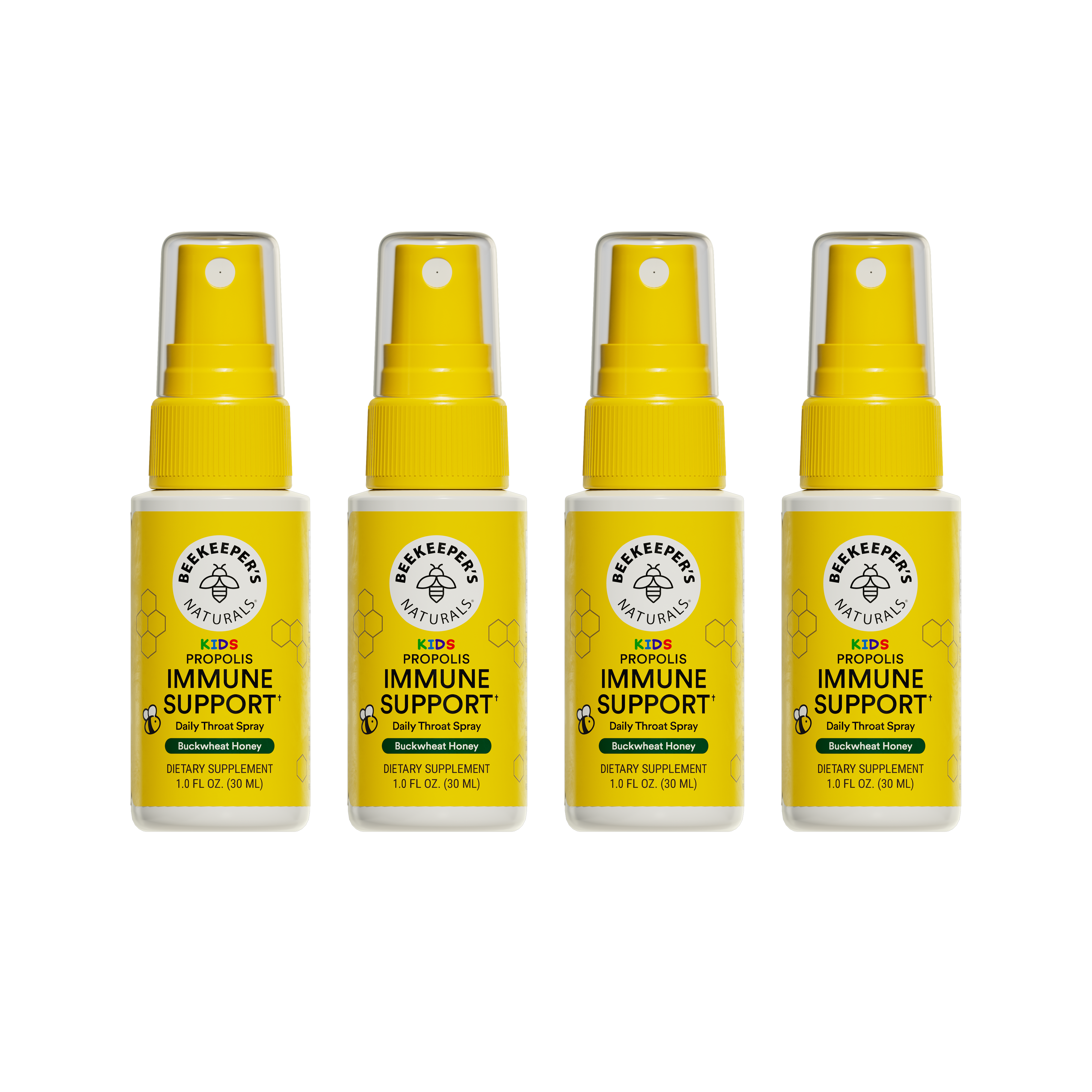 Four bottles of Beekeeper's Naturals Kid's Propolis Immune Support daily throat spray on a white background
