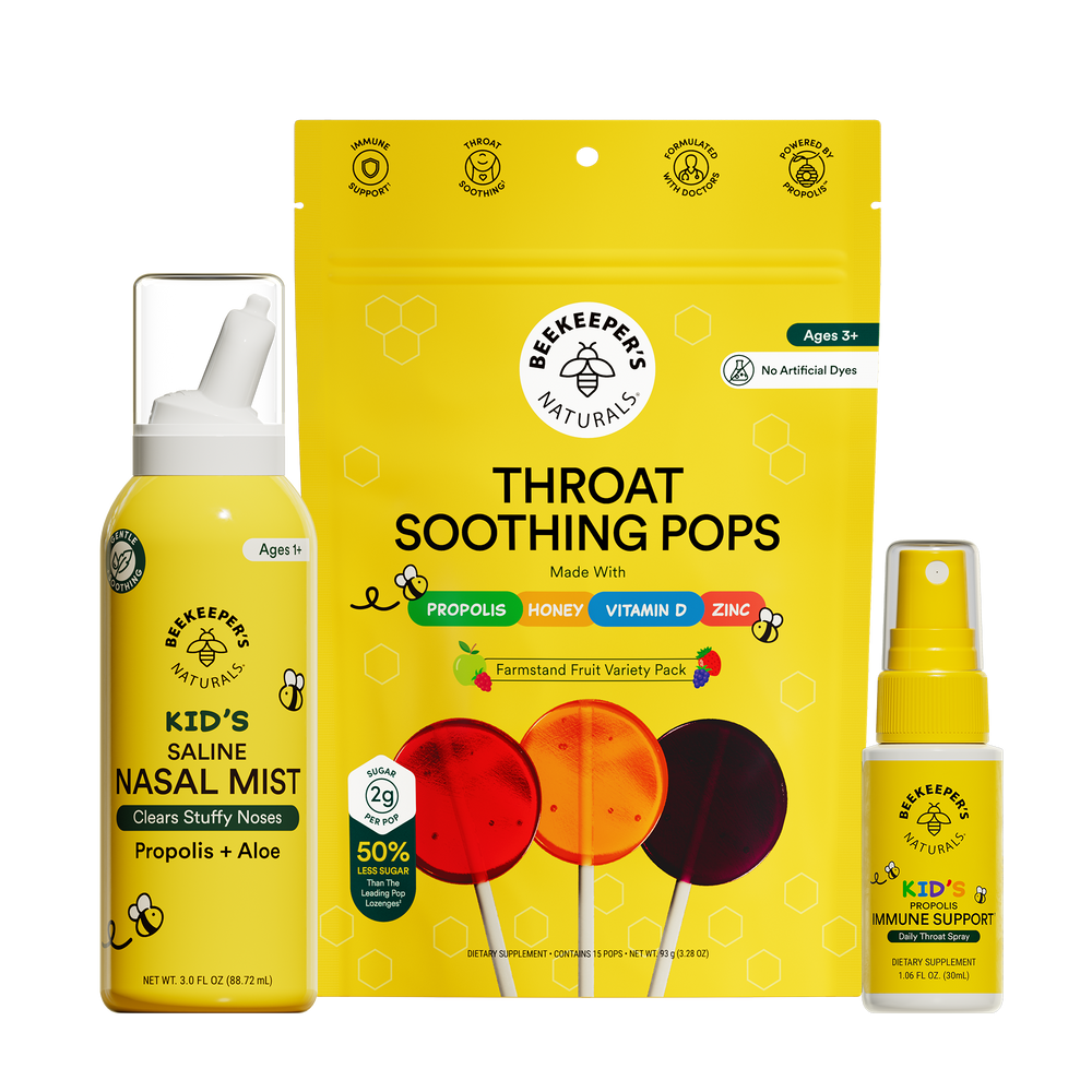 Three yellow health products with Beekeeper's Naturals branding on a white background