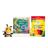Little Bee and the bloom children's book, bee stuffed animal, beekeeper's naturals throat soothing lozenge pops, beekeeper's naturals kids immune support throat spray all on a shite background.