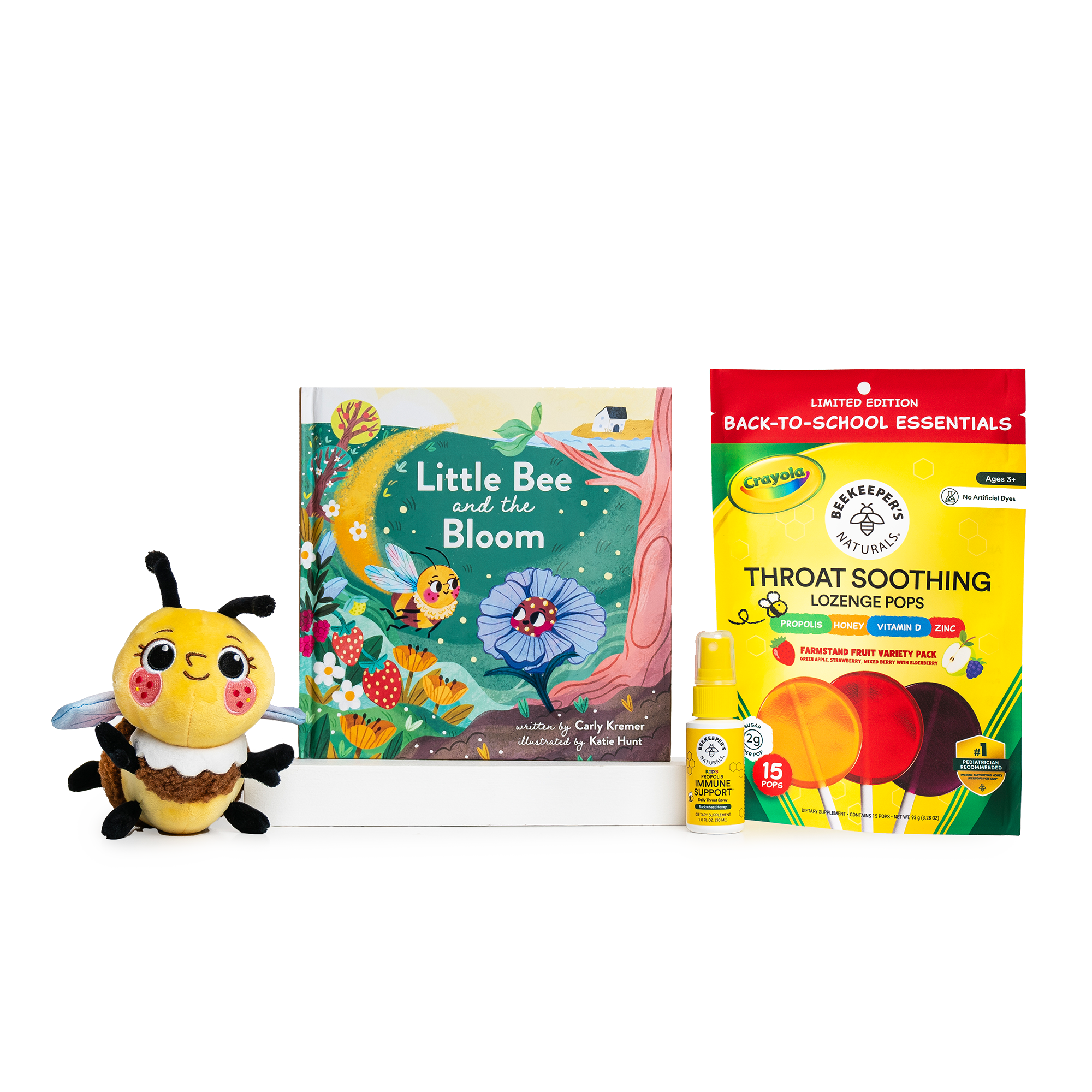 Little Bee and the bloom children's book, bee stuffed animal, beekeeper's naturals throat soothing lozenge pops, beekeeper's naturals kids immune support throat spray all on a shite background.