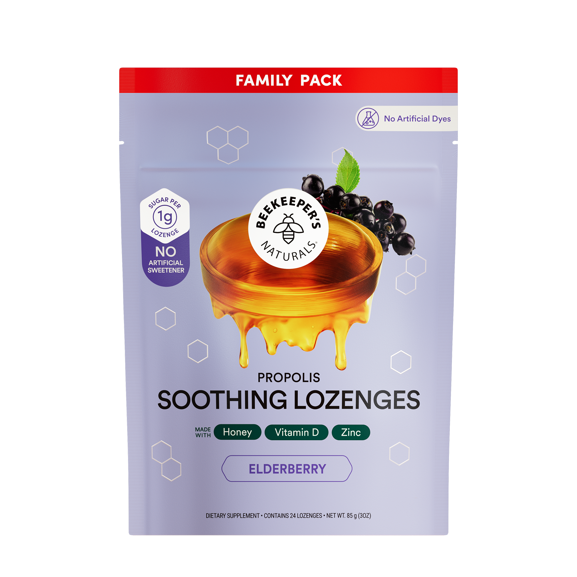 Beekeeper's Naturals Propolis Soothing Lozenges with honey and elderberry illustration on a white background.