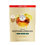 Beekeeper's Naturals Propolis Soothing Lozenges family pack with honey and lemon design on a beige background.