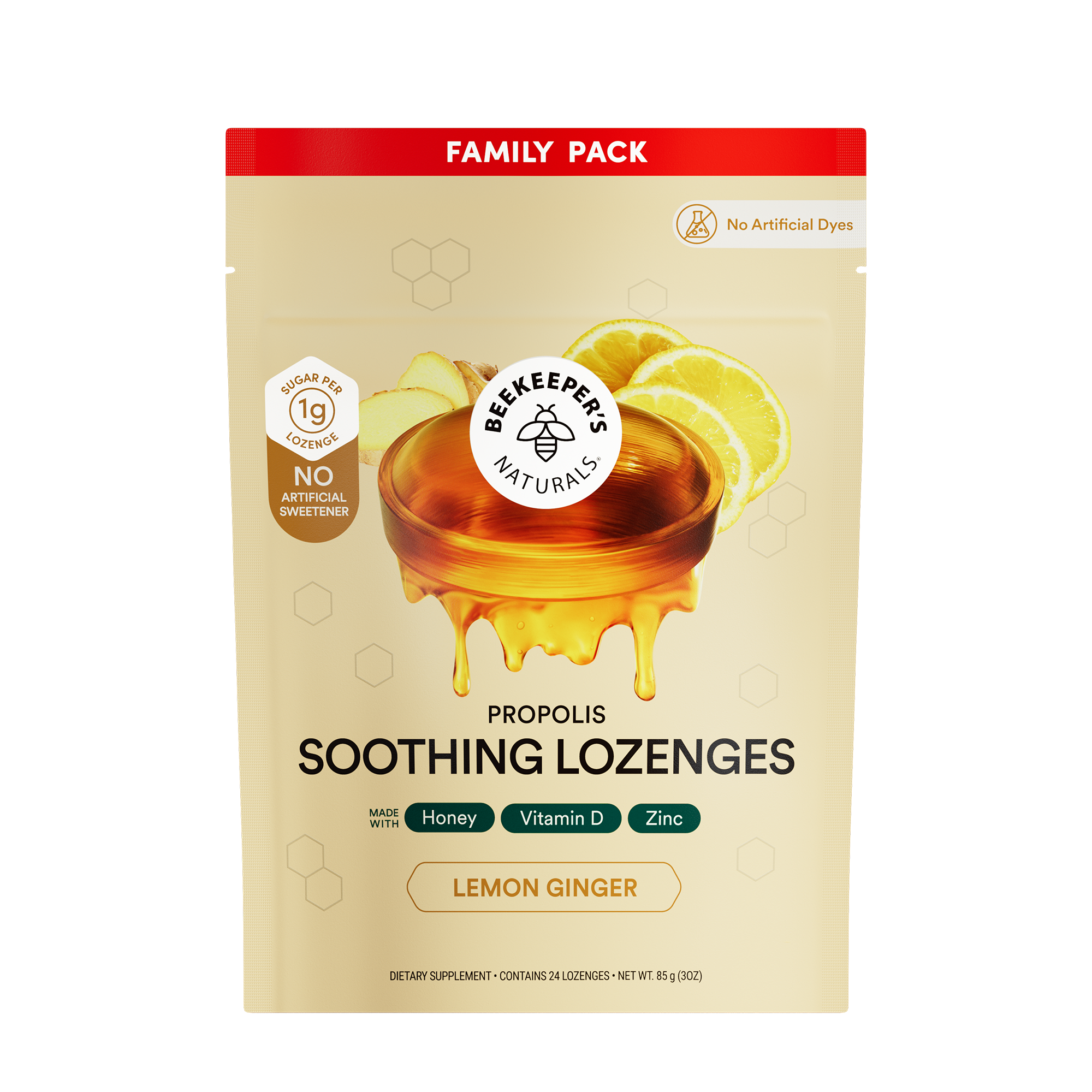 Beekeeper's Naturals Propolis Soothing Lozenges family pack with honey and lemon design on a beige background.