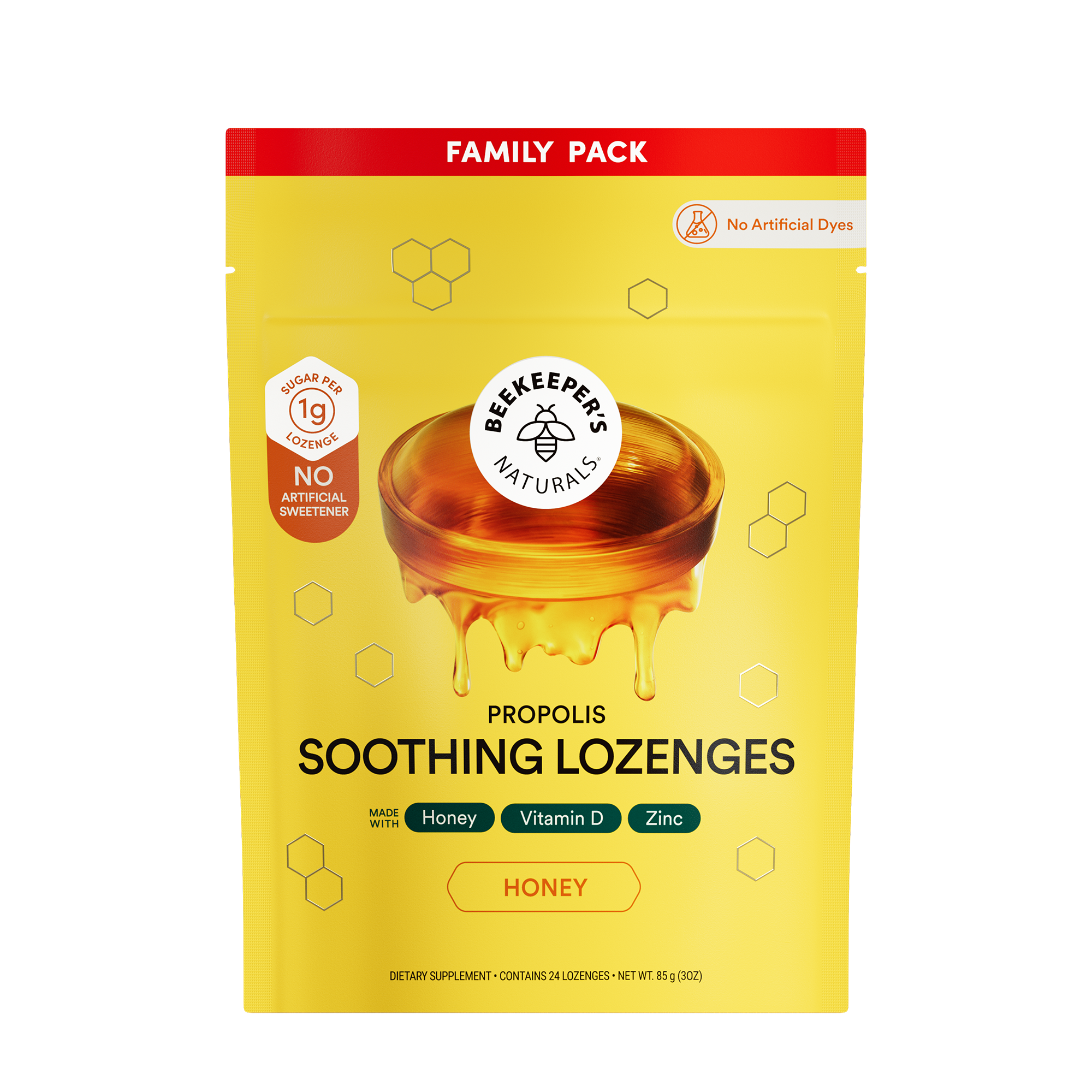Beekeeper's Naturals Propolis Soothing Lozenges with honey flavor on a white background